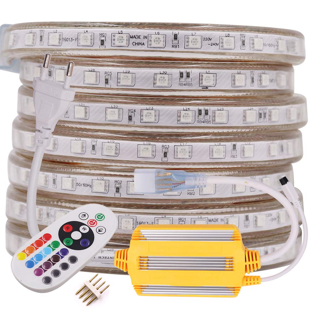 XUNATA 15m Striscia LED RGB 220V con Telecomando 24 tasti, Luce 5050 LED y Controller Ricevitore Segnale Impermeabile Kit Completo- 60 LEDs/m