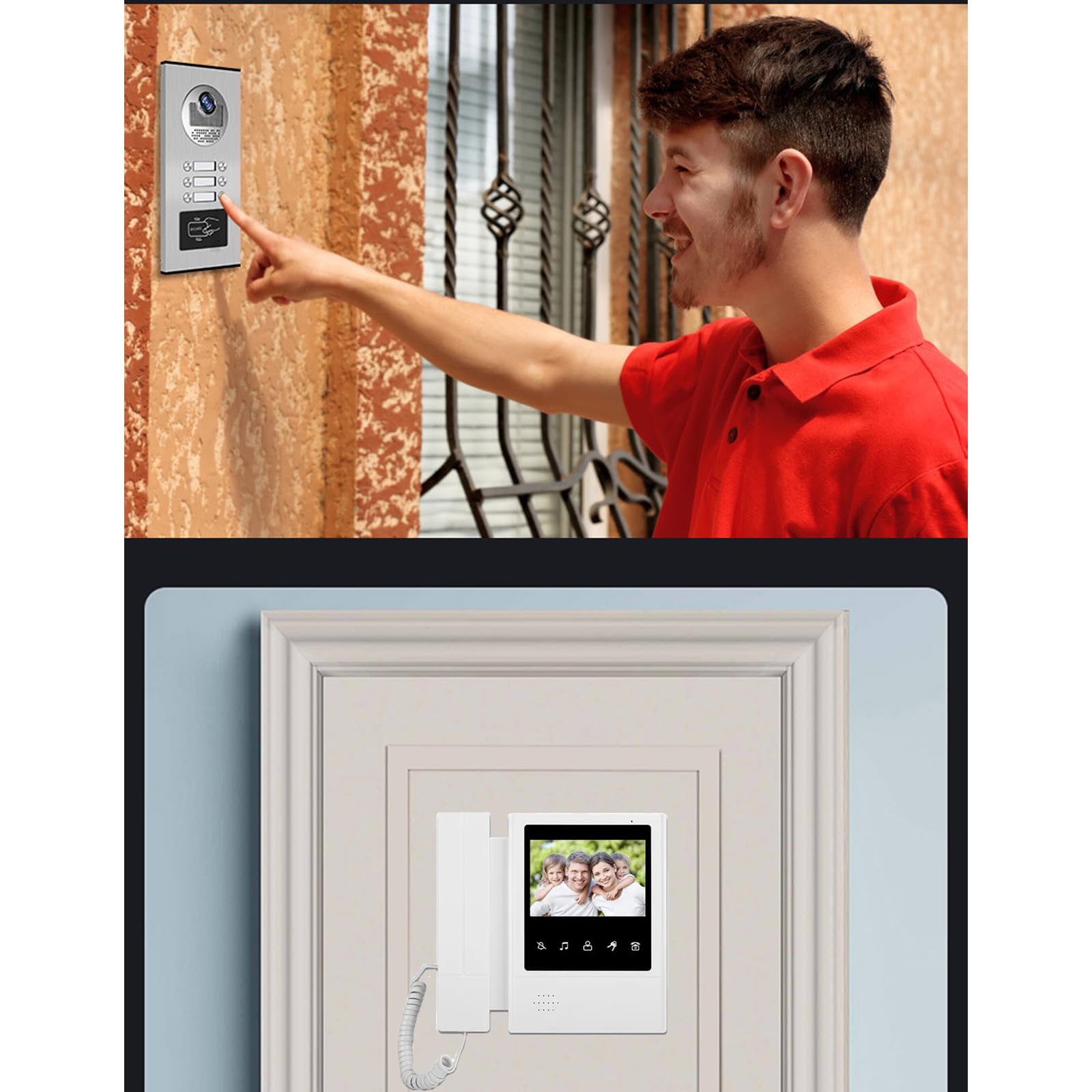 ANJIELO SMART Sonnette avec Camera,Sonnette de Caméra Filaire Vision Nocturne,Visiophone Connecté 4 Fils Kit Interphone Vidéo Filaire avec écran Couleur 4.3" (1 Sonnette + 6 moniteurs)