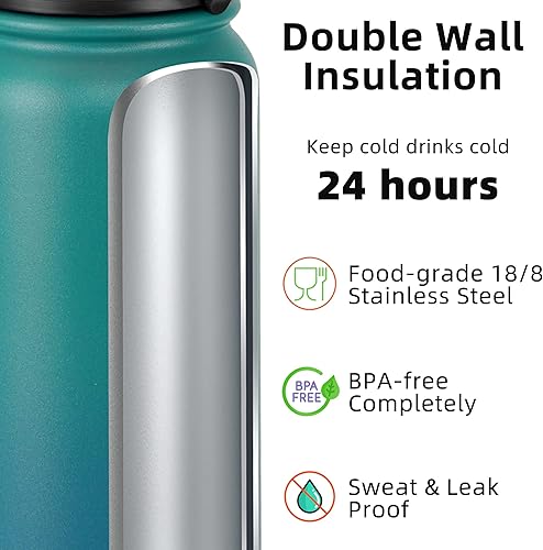 Miniatura 3 de Fanhaw Botella de agua de acero inoxidable aislada de 32 onzas con tapa para beber, a prueba de fugas y sudor, con tapa antipolvo (verde azul)
