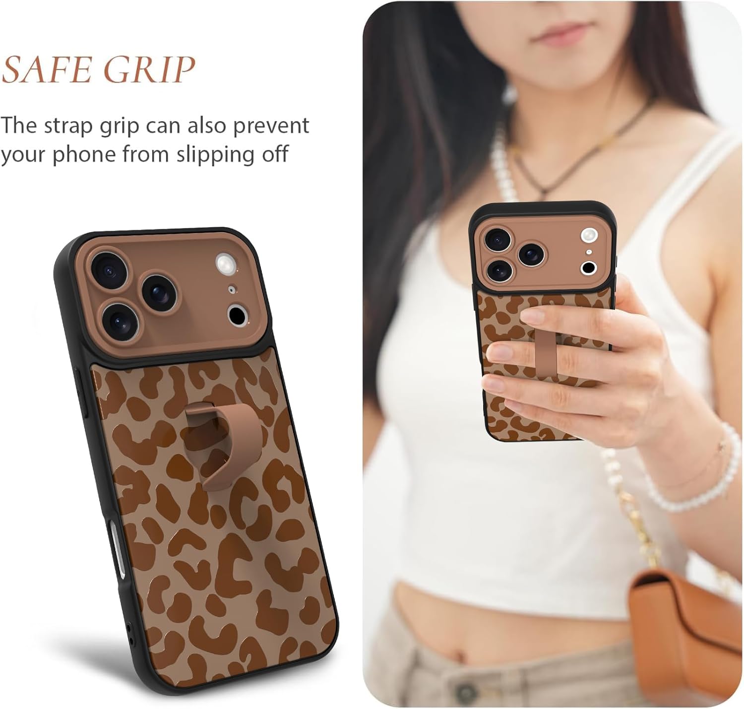 Compatible with iPhone 17 Pro Max Case with Finger Hand Strap Kickstand, Trendy Cool Leopard Cheetah Print Phone Case for Women Men, Full Camera Protection Shockproof Protective Cover, Brown - Image 3