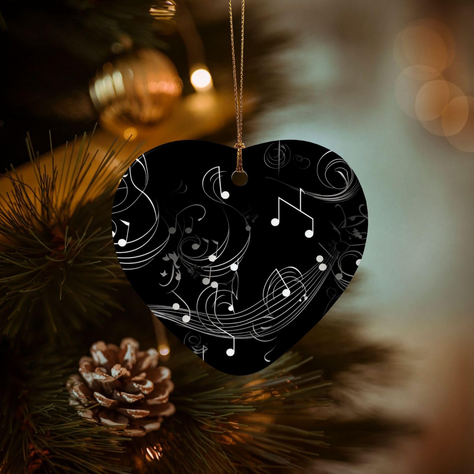 Christmas Tree Ornaments Ceramics Christmas Decorations Black Note Ornaments with Gold Ribbon Porcelain Xmas Tree Crafts Heart Shape Hanging Pendant for Christmas Tree Party Decor