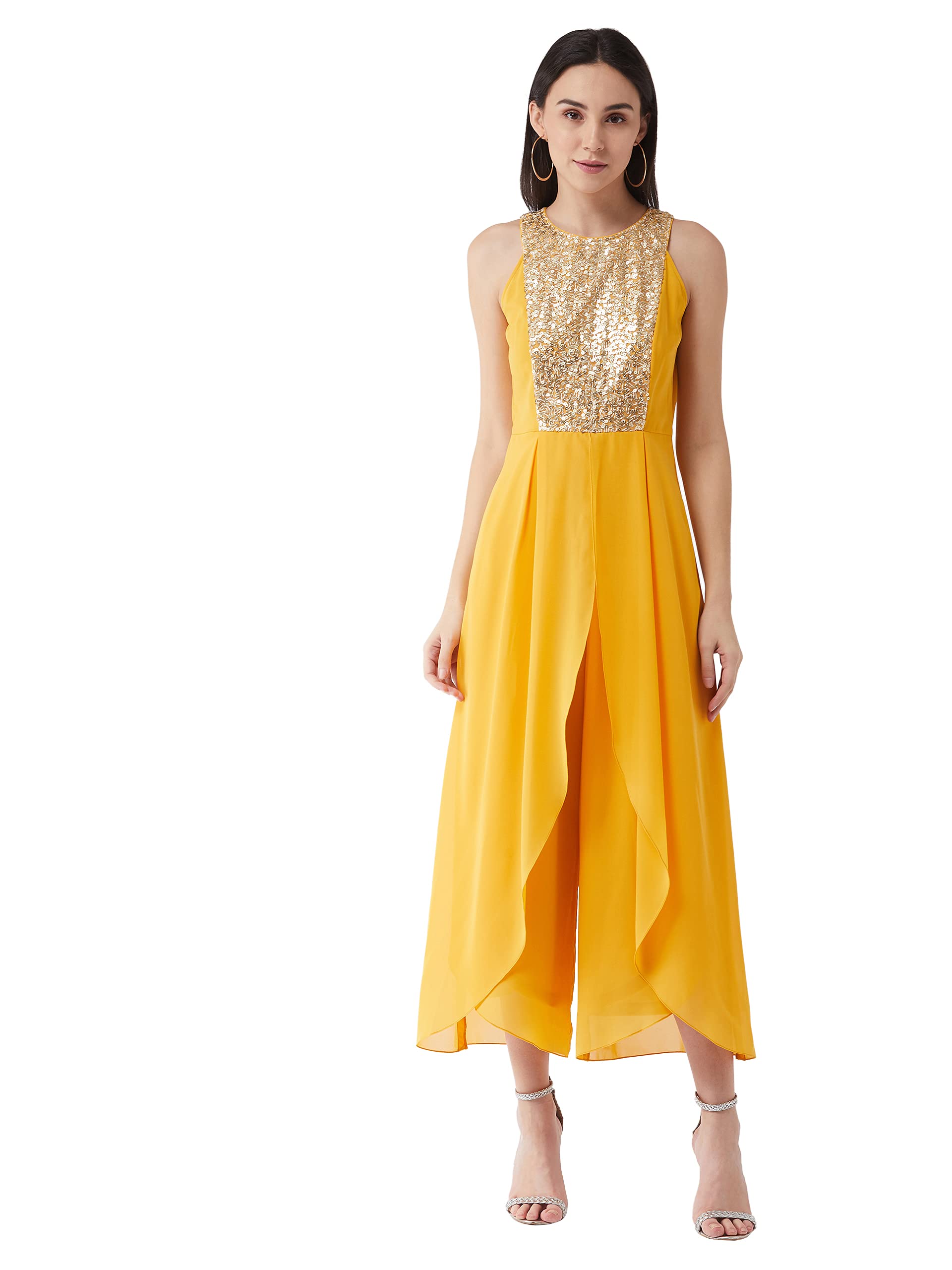 Women's Mustard Halter Neck Sleeveless Solid Embellished Regular Jumpsuit