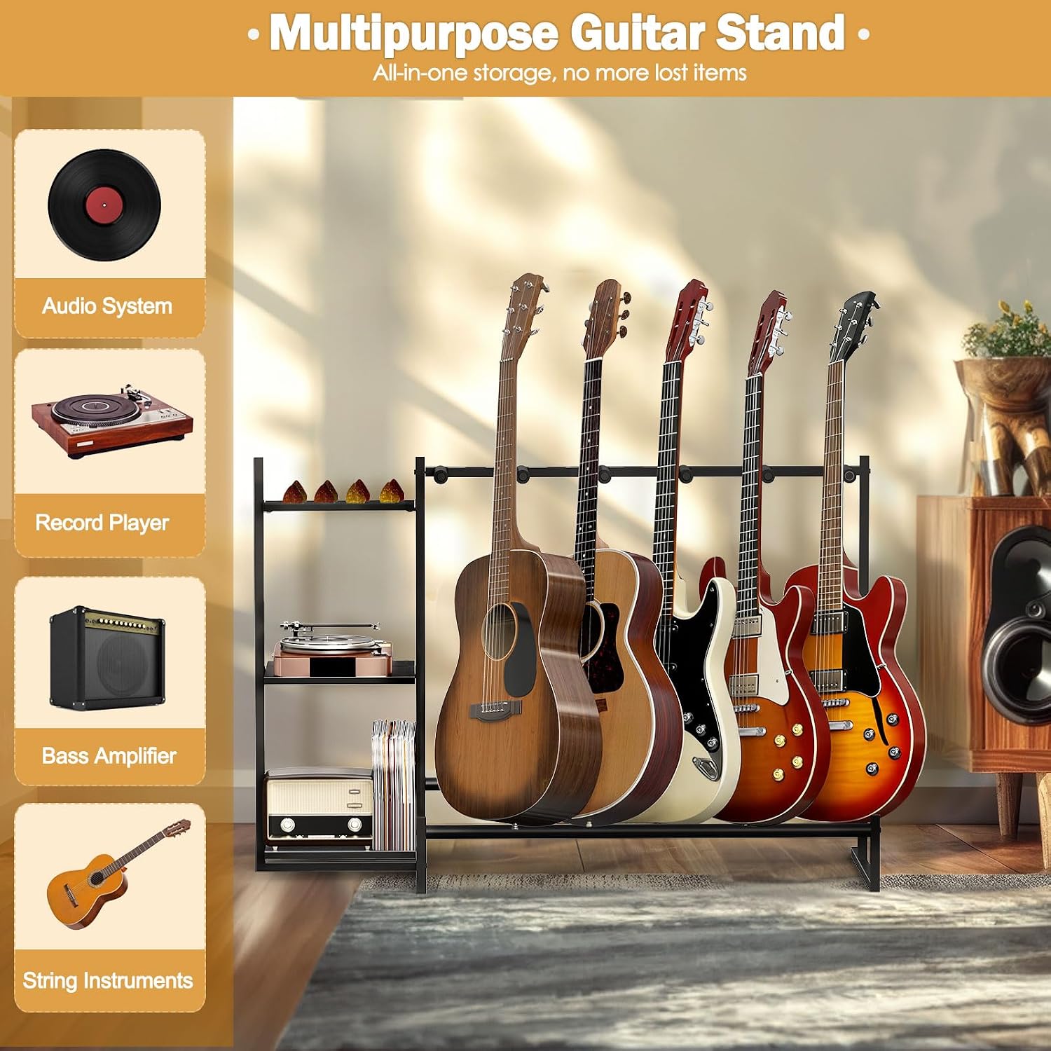 Guitar Stand, Guitar Rack for Multiple Guitars,Guitar Holder for Bass, Banjo,Acoustic Guitar Display Stand,5 Slot Guitar Stands Floor with 3 Side Shelves for Amp & Record Player,Studio & Home, Black