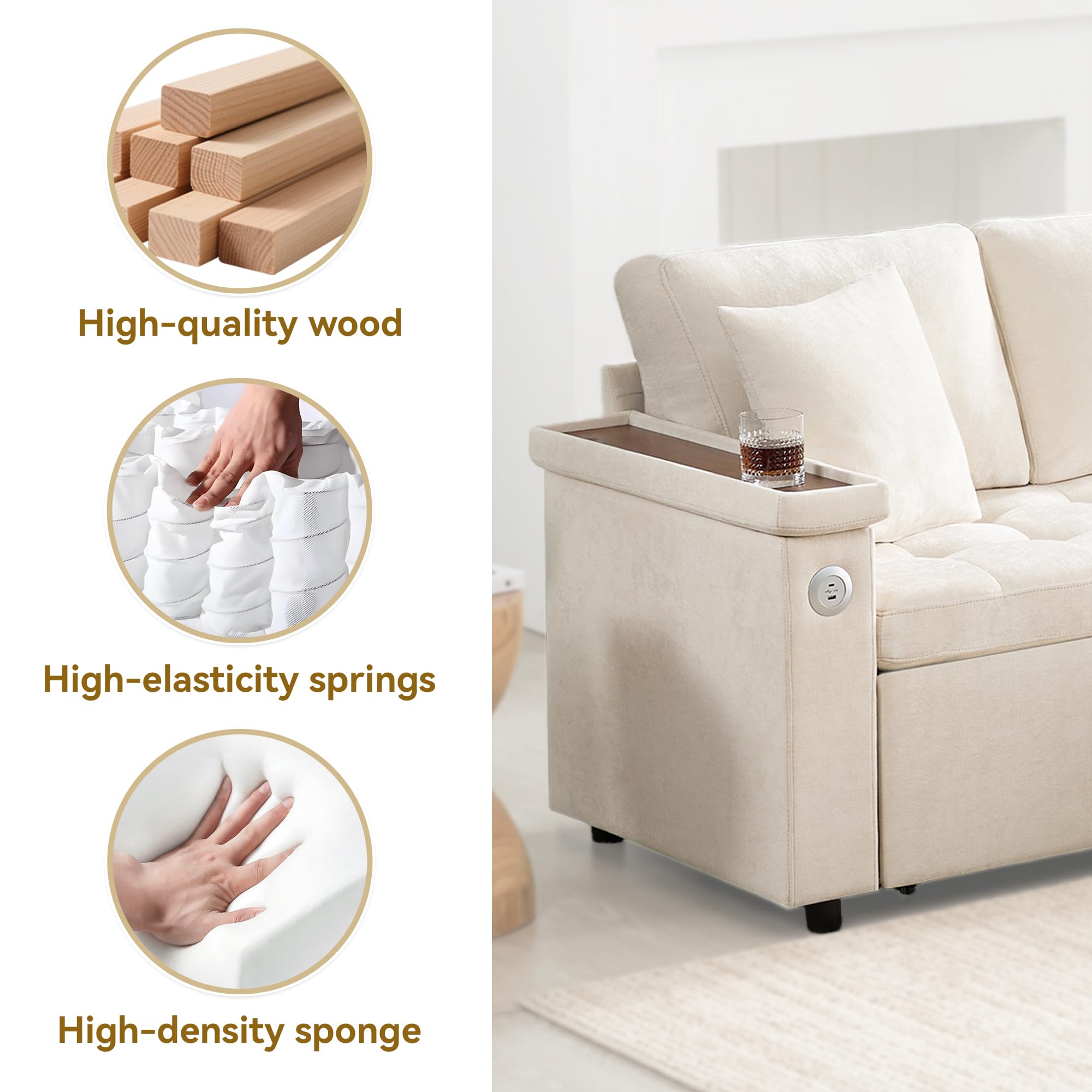 Couch mit Schlaffunktion, 3 Sitzer Ecksofa mit Schlaffunktion Überzug L Form Schlafsofa und 2 Kissen, Beige, L209 x B130 x H84 cm