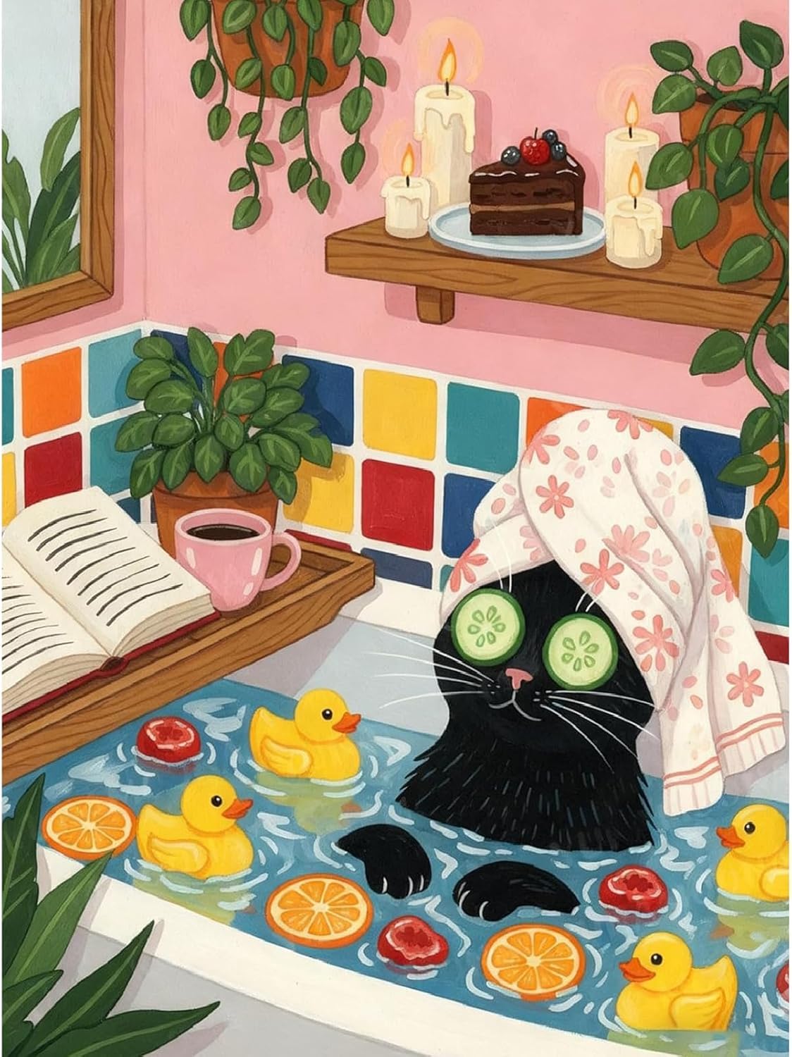 Bathtub Stamping Cross Stitch Kit,Black Cat Counting Cross Stitch Kit for Adult Beginners, Full Line DIY Dimensions Cross Stitch Stitching Kit for Home Decor Cross Stitch Patterns 12x16 inch