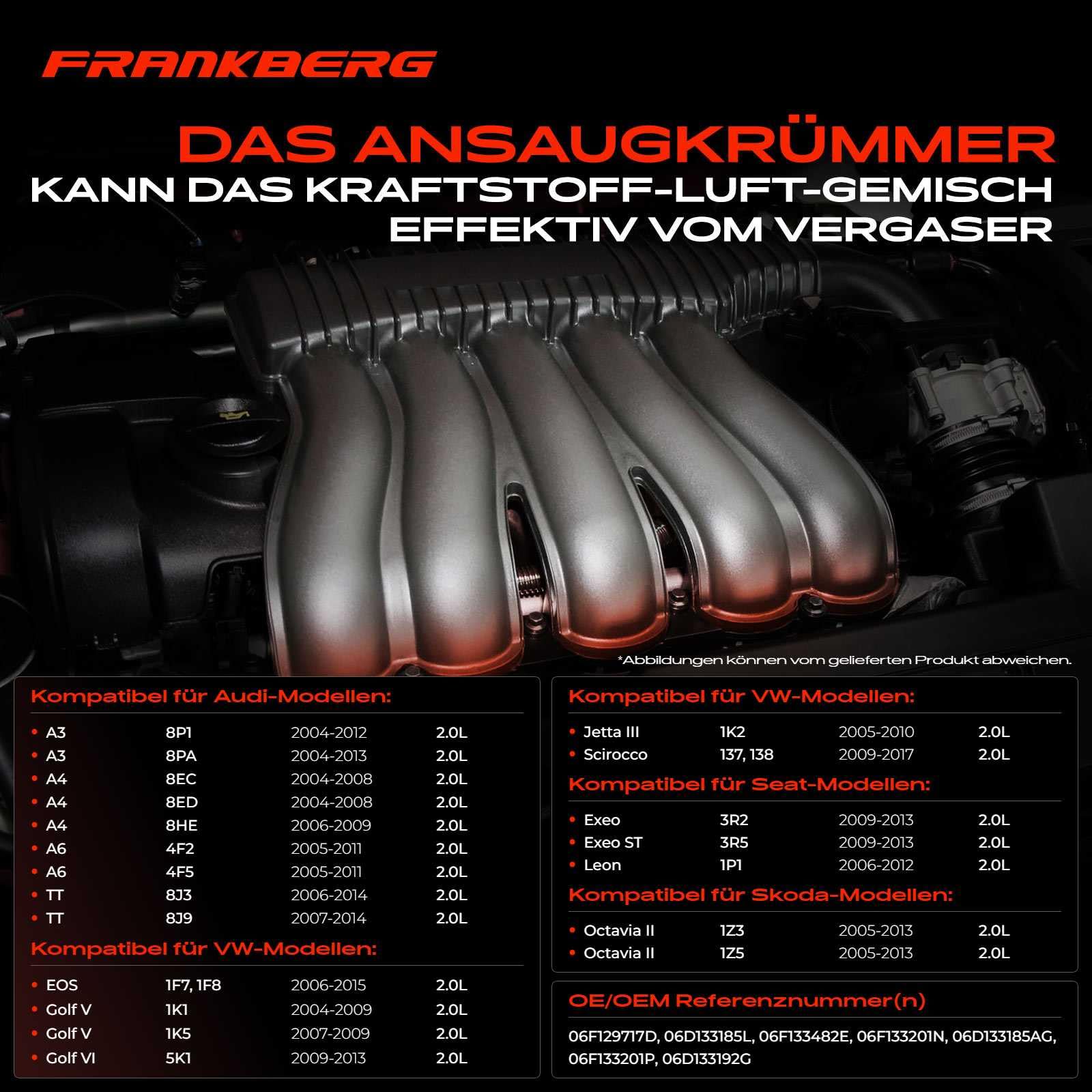 Frankberg Ansaugkrümmer Ansaugbrücke Kompatibel mit A3 8P1 A4 8EC A6 4F2 Leon 1P1 Octavia II 1Z3 Golf V 1K1 J-e-t-t-a III 1K2 2.0L 2004-2017