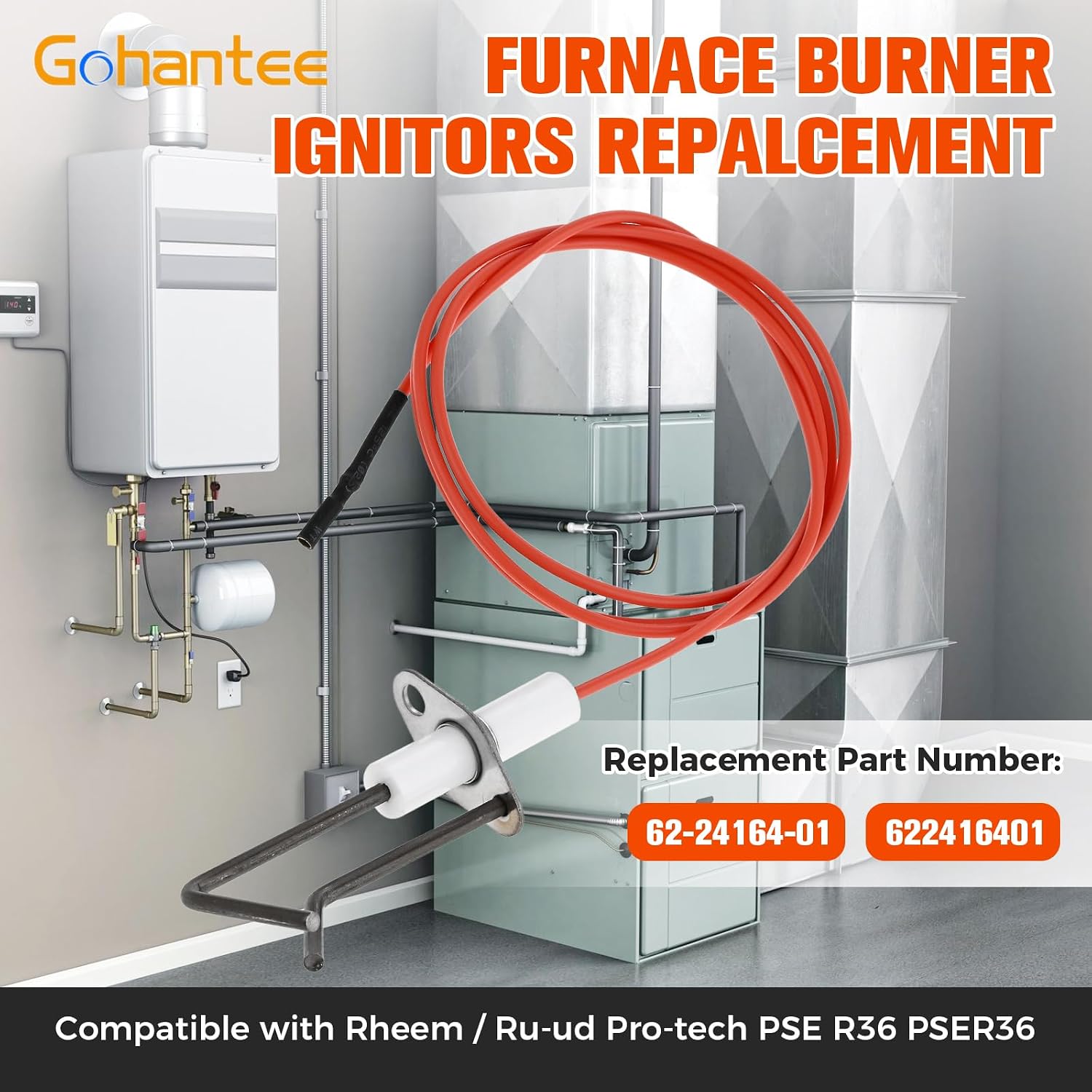 gohantee 62-24164-01 Direct Spark Ignitors, Furnace Burner Ignitors, Flame Sensor Ignitors Sensing Rod Compatible with Rheem Pro-tech PSE R36 PSER36, 35' High Temperature Cable Wire - 2Packs