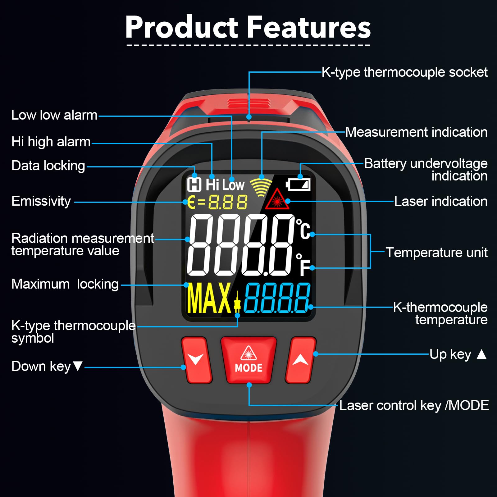 Pistola de temperatura con termómetro infrarrojo, -40.0 °C ~ 800.0 °C, pistola de temperatura láser digital con sonda para cocinar, hornos de pizza, planchas, carne, HVAC, pistola de