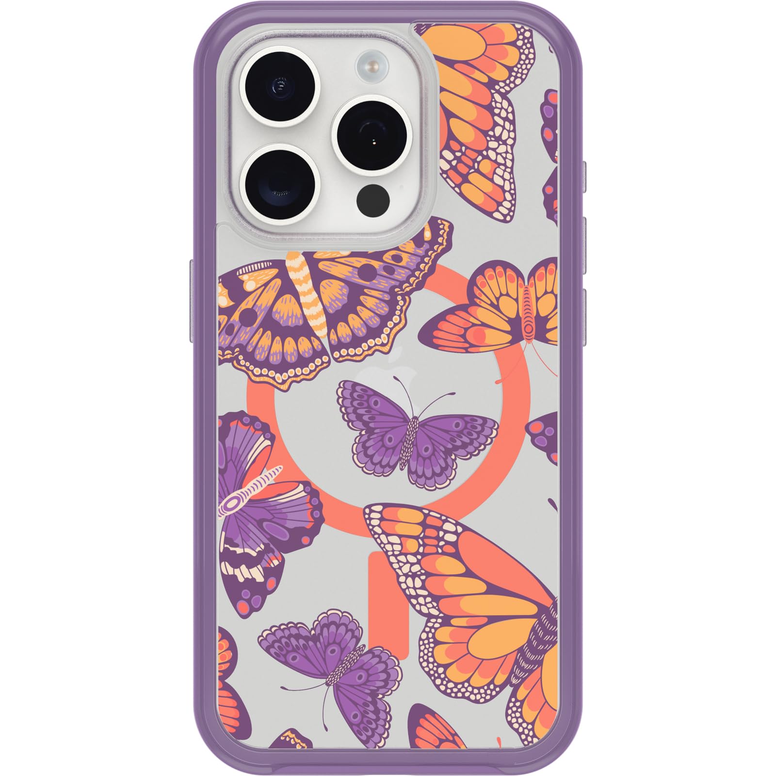 OtterBox Cover per Apple iPhone 15 Pro Symmetry Clear MagSafe, resistente a shock e cadute fino; sottile, testata 3x norme MIL-STD 810G, Butterfly Flutter