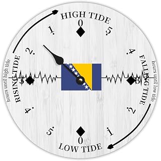 Rustic Wood Tide Clock Bosnia and Herzegovina Flags Ocean Time Wooden Clock Wood Moon Tidal Clock for Wall High and Low Tide Movement Clock for Seaside House Cottage Hotel Camping 15x15 in