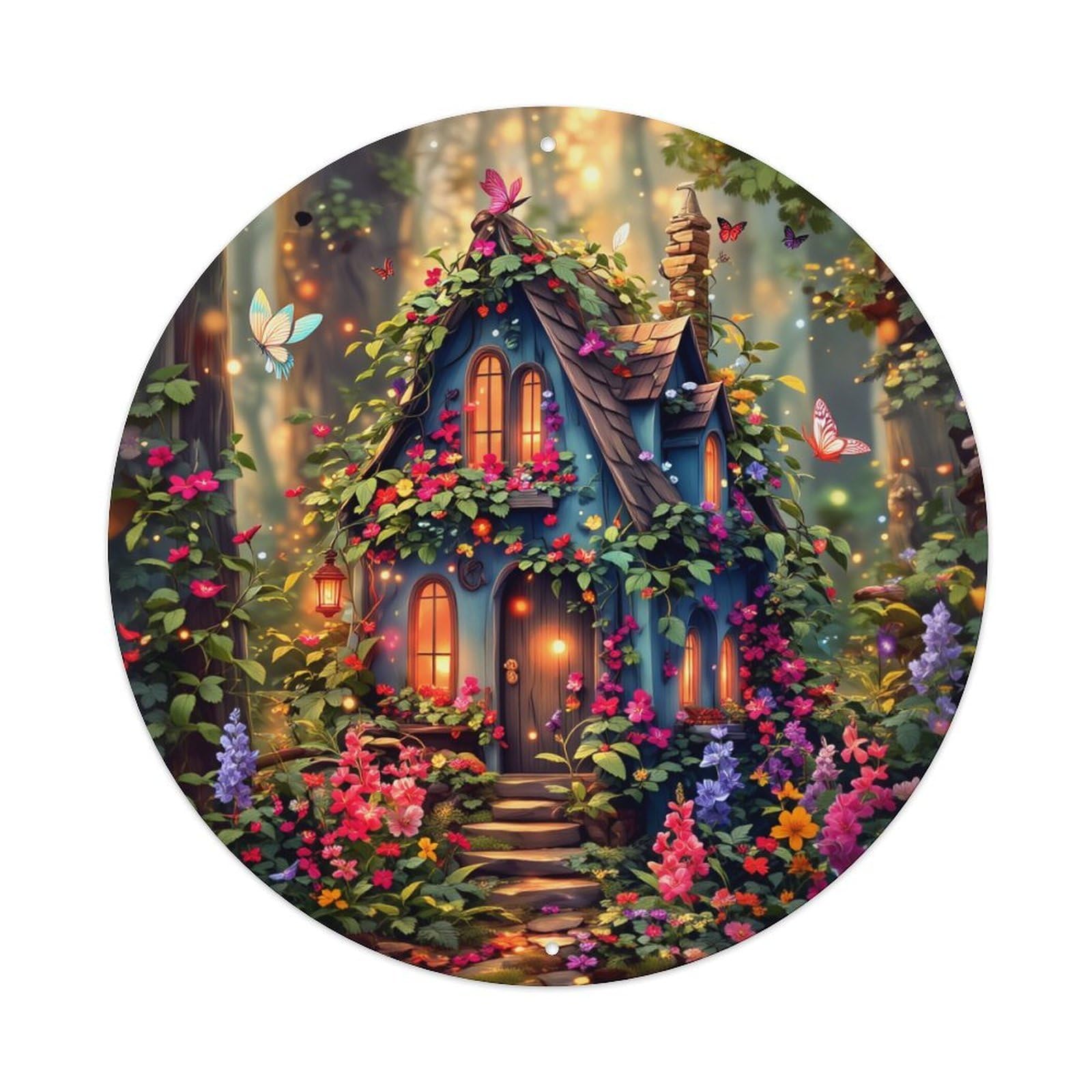 Enchanted Forest Cottage With Flowers Round Tin Sign Retro Metal Sign for Cafe Bar Pub Home Game Room Gym Club Wall Decoration Vintage Metal Poster 8x8 Inch