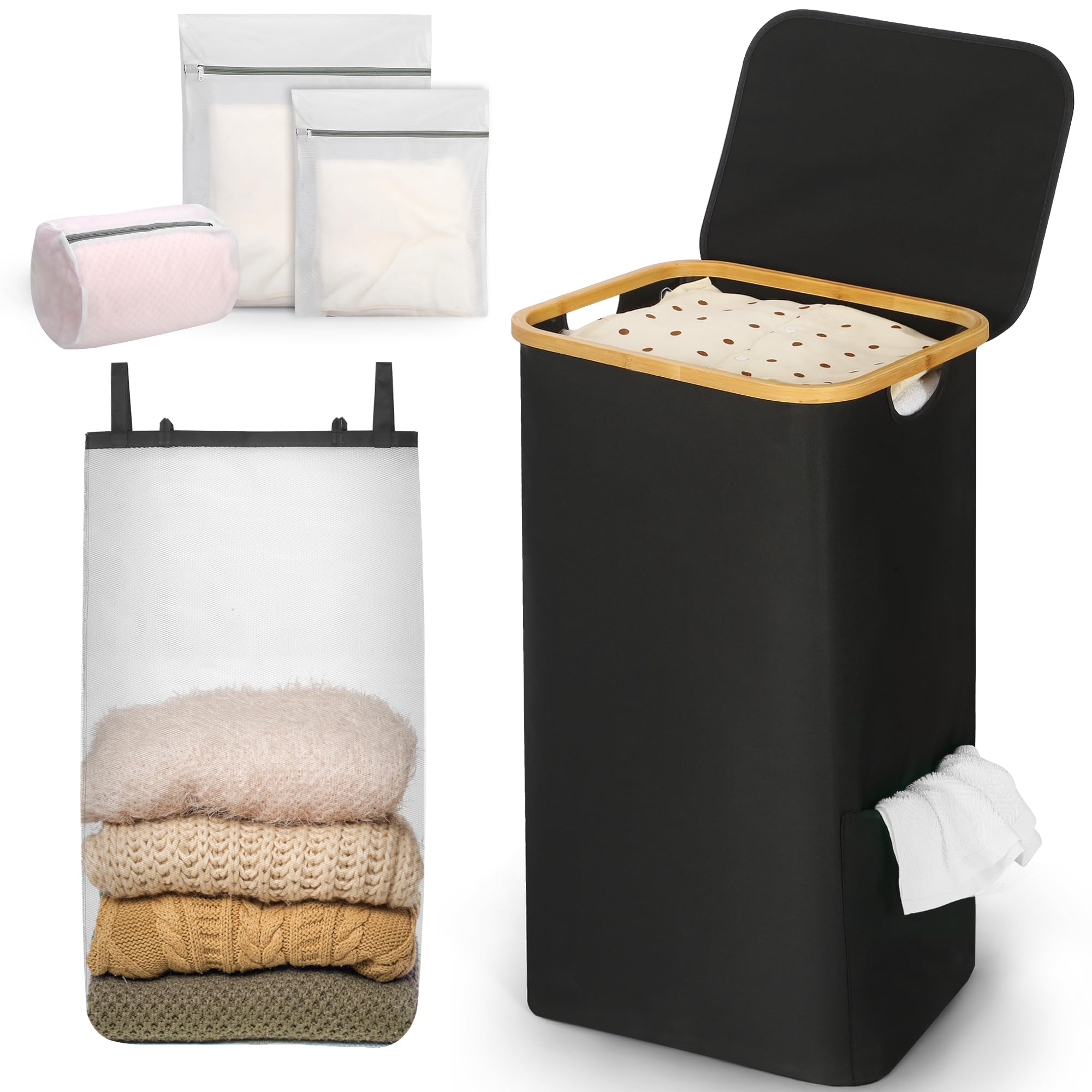 Folding Laundry Hamper with Bamboo Handles, 110L Clothes Basket with Lid, Removable Inner Liner & 3 Bonus Mesh Laundry Bags, Black