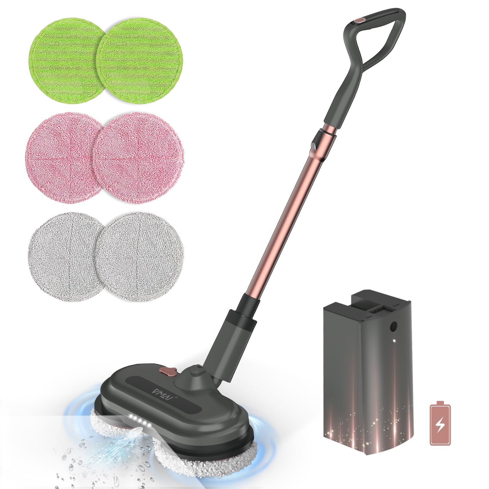 VMAI Cordless Electric Mop, Electric Mops for Floor Cleaning, Spin Mop with LED Headlight, Water Spray, Cordless Mop Up to 60 mins Detachable Battery, Floor Scrubber for Hardwood Floors