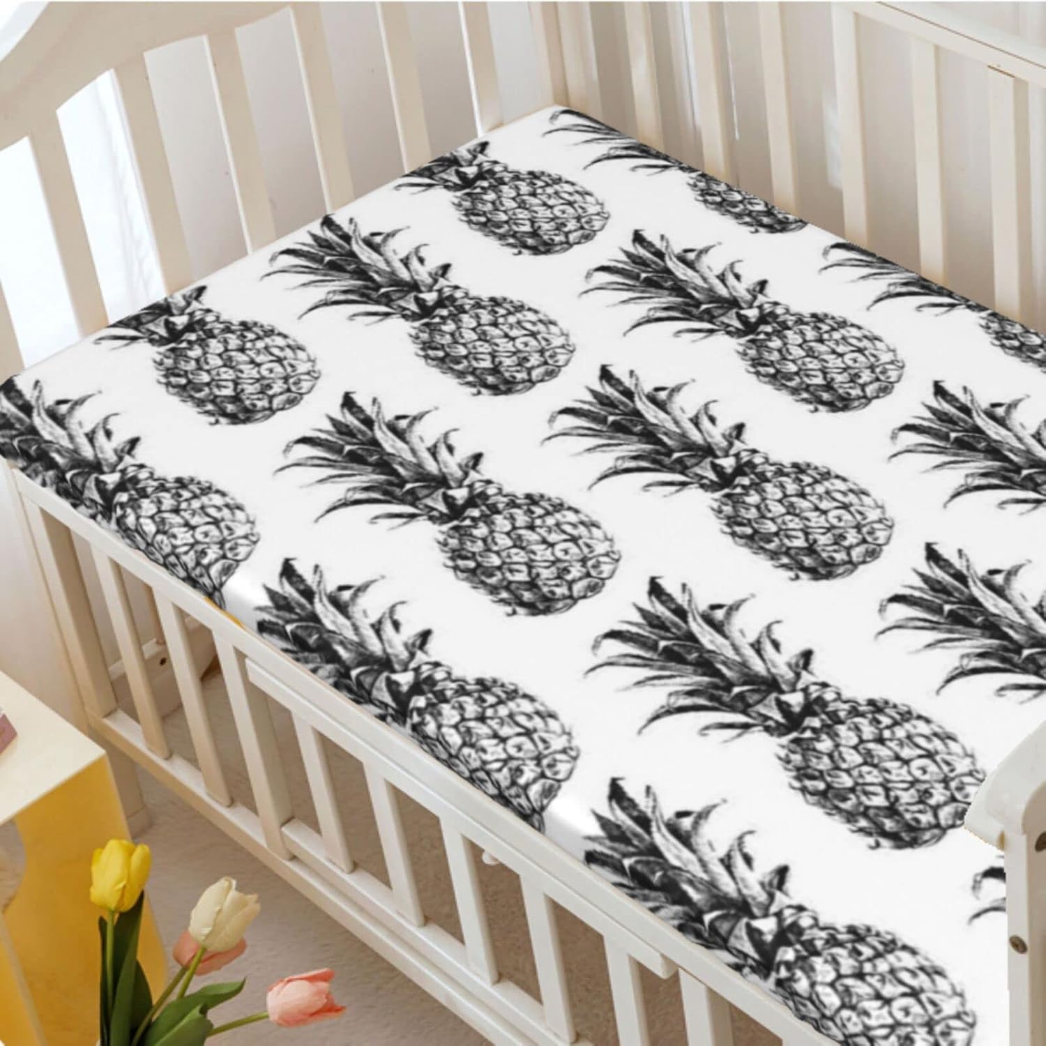 Pineapple Themed Fitted Crib Sheet,Standard Crib Mattress Fitted Sheet Soft and Breathable Bed Sheets-Baby Crib Sheets for Girl or Boy,28“ x52“,White Black Grey