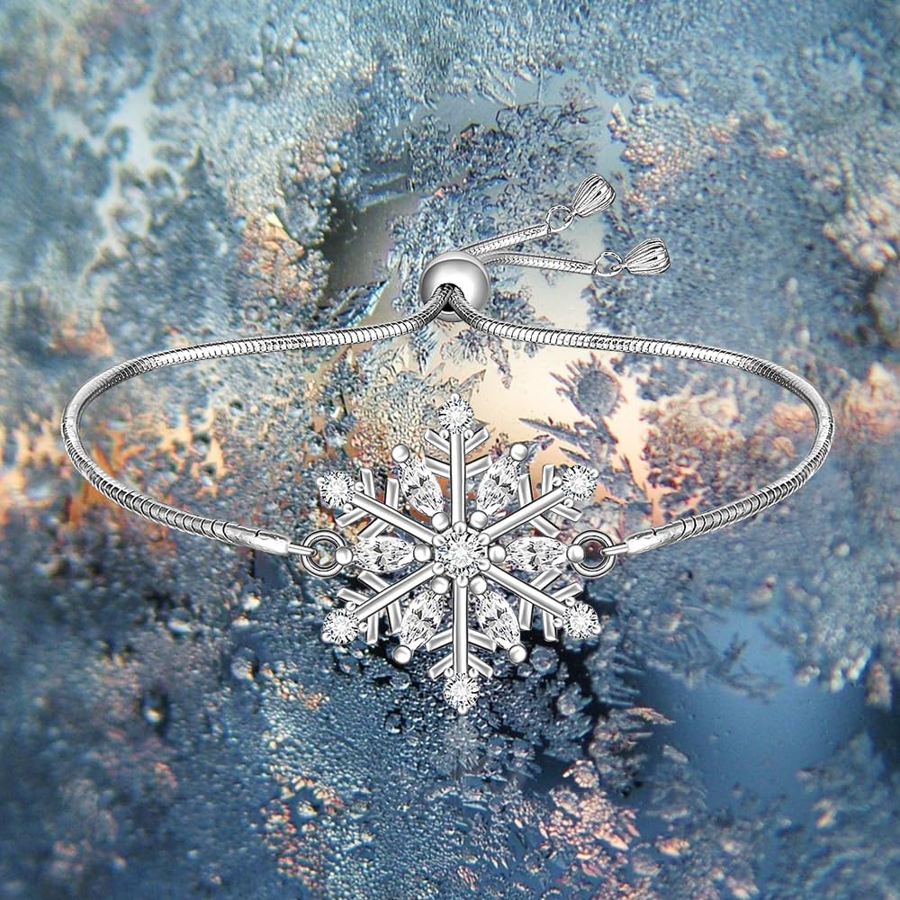 Snowflake Bracelet for Women Sterling Silver Christmas Bracelet Charm Winter Bracelets Sparkly Snow White Pentagram Charms Snowflake Friendship Blessing Xmas Jewelry Christmas Gift - Image 9