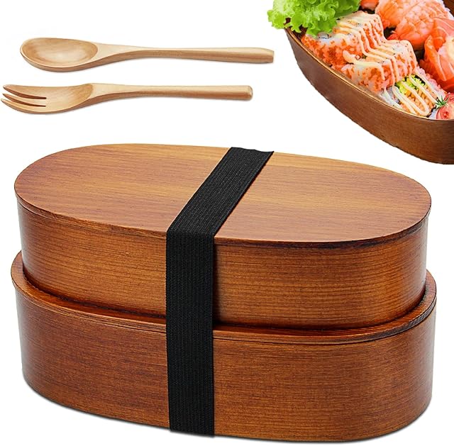 YFWOOD Bento Lunch Box, Japanese Traditional Style Food Container, 2-Layer Eco- Friendly Natural Wood Lunch Box for Sushi Fruit Food, Come with a Free Spoon Fork Kit