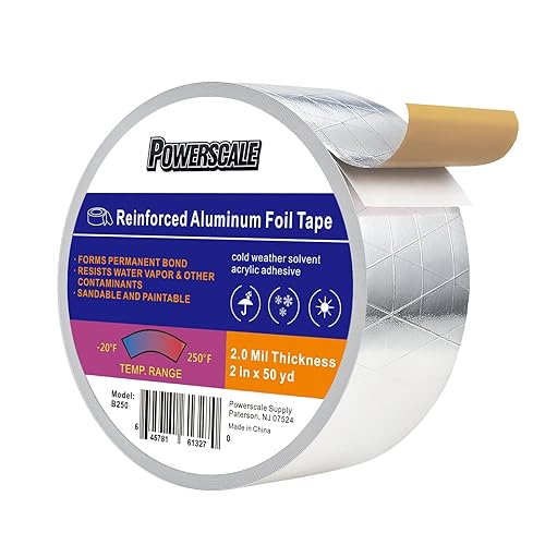 Miniatura 1 de PowerScale Cinta aislante FSK resistente de 50 yardas, 150 pies, 2 pulgadas para HVAC, reparación de conductos, pintores, clima frío, plata,