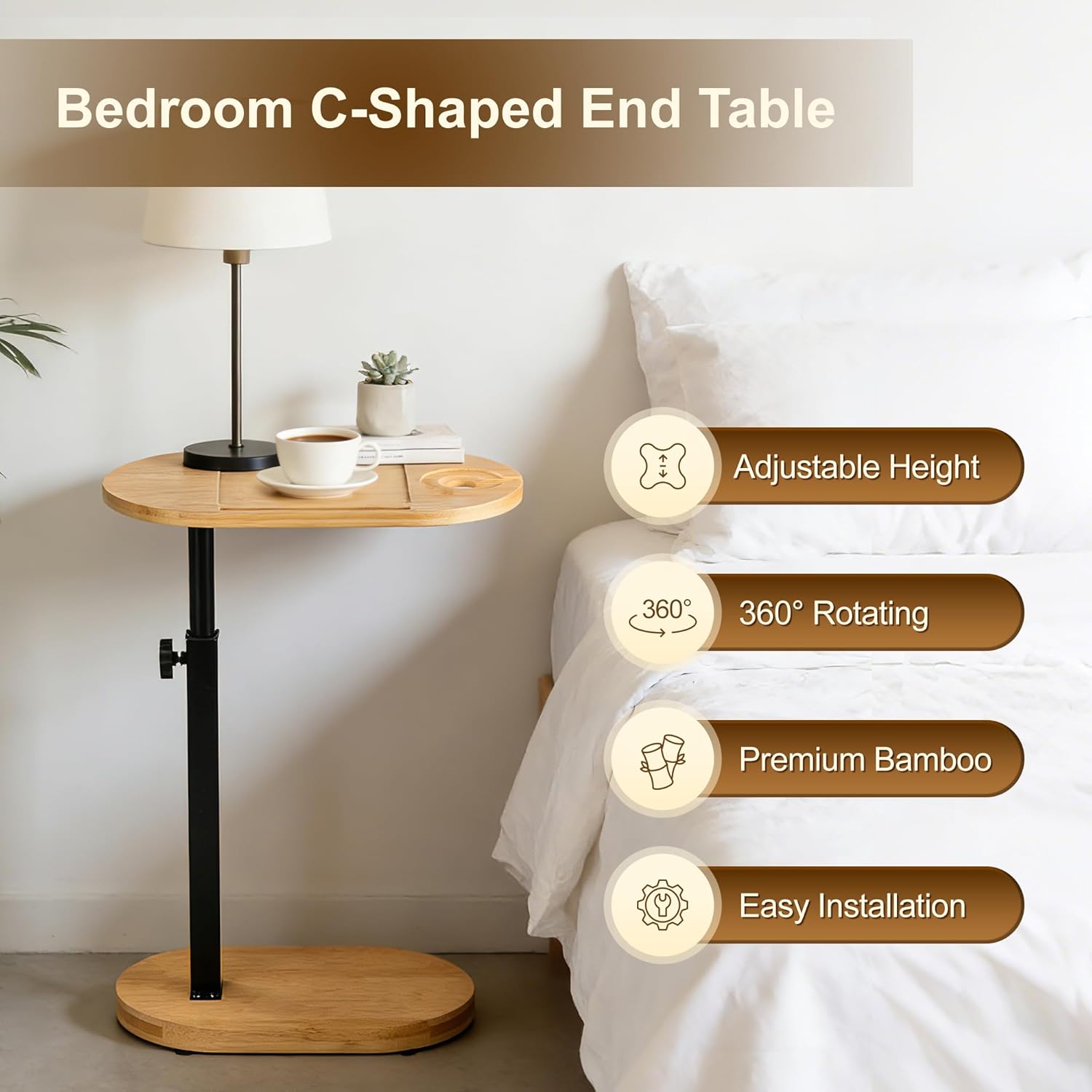 Bamboo Bathtub Side Table, 360° Swivel Height Adjustable Freestanding Bath Caddy Tray Organizer with 5 Storage, Luxury Home Spa Bathroom Essential (Natural)