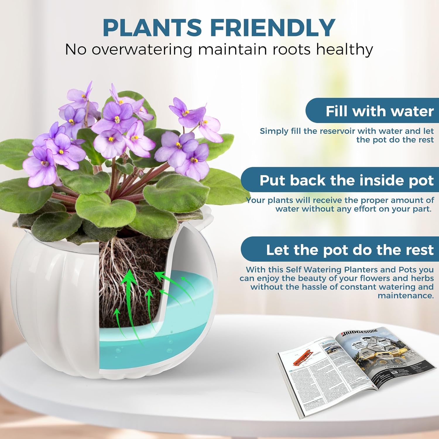 BUYMAX 6 Inch Self Watering Ceramic African Violet Pot Indoor Plant Pot image 3