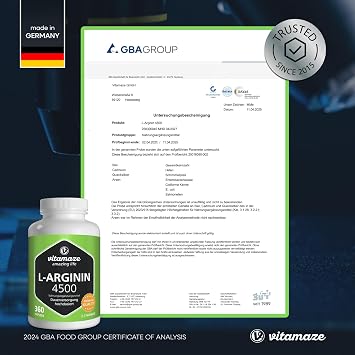 l-arginine capsules highly dosed 4500 mg per daily dose 360 capsules for 3 months natural food supplement without unnecessary additives made in Germany