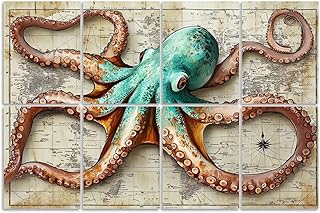 8 Pack Art Acoustic Panels Sound Absorbing Beach Decor Ocean Sea Turtle Octopus Coastal Teal Vintage Whale Decorative Soundproof Wall Panels Self Adhesive for Recording Studios Office 48"x32"
