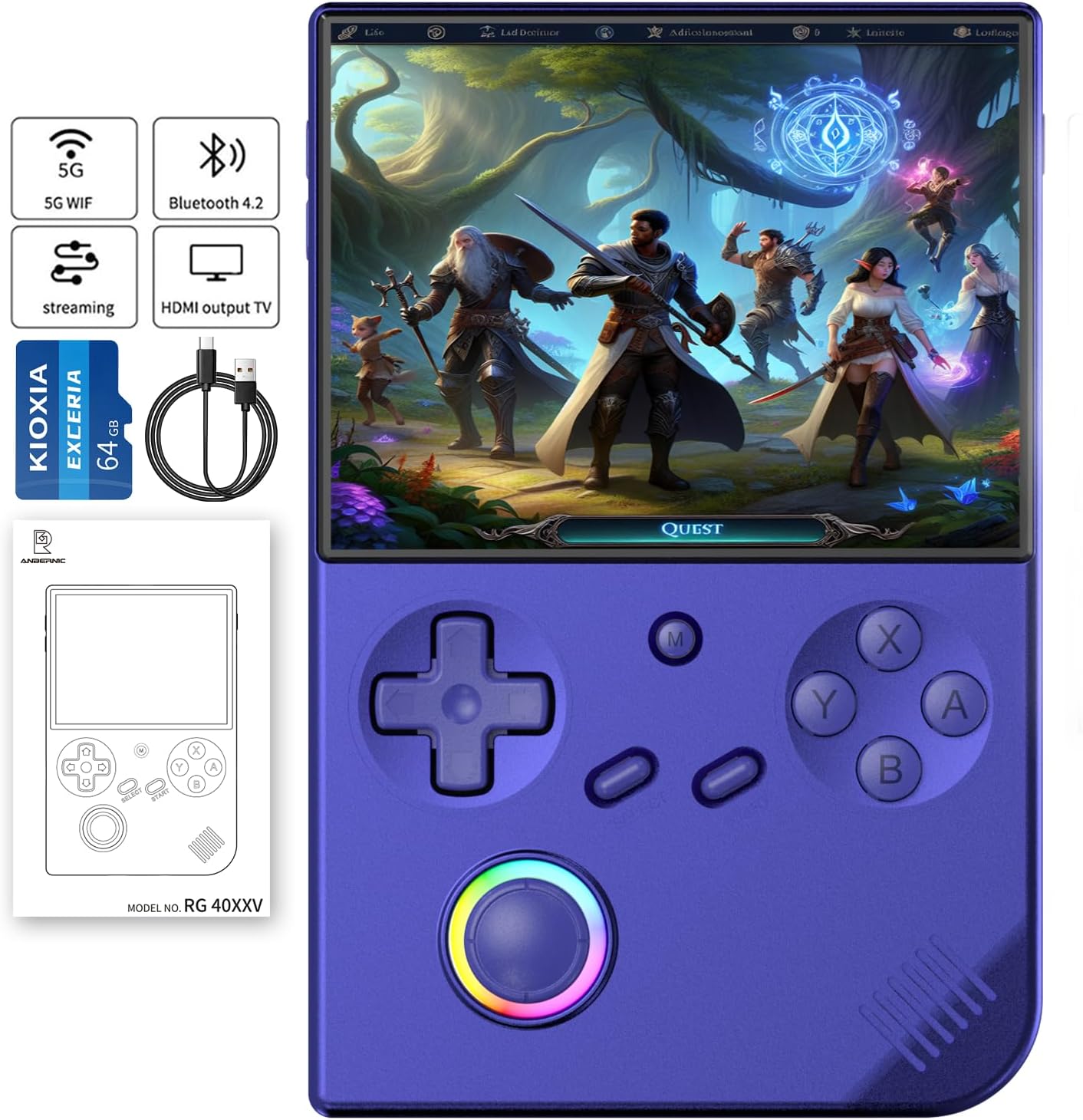 RG40XX V Handheld Game Consoles RG40XXV Retro Game Console Built-in 64G TF Card Preloaded Games 5000+ RG 40XXV Portable Gaming Console Linux 64-bit Supports WiFi Bluetooth HD Output Blue