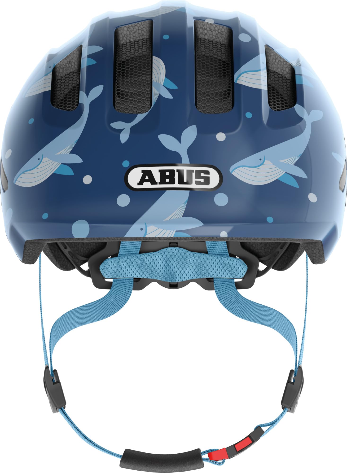 ABUS Kask dziecięcy Smiley 3.0 – kask rowerowy z głębokim dopasowaniem, wzornictwo dostosowane do dzieci i miejsce na warkocz, dla dziewcząt i chłopców – niebieski ze wzorem wieloryba, rozmiar S