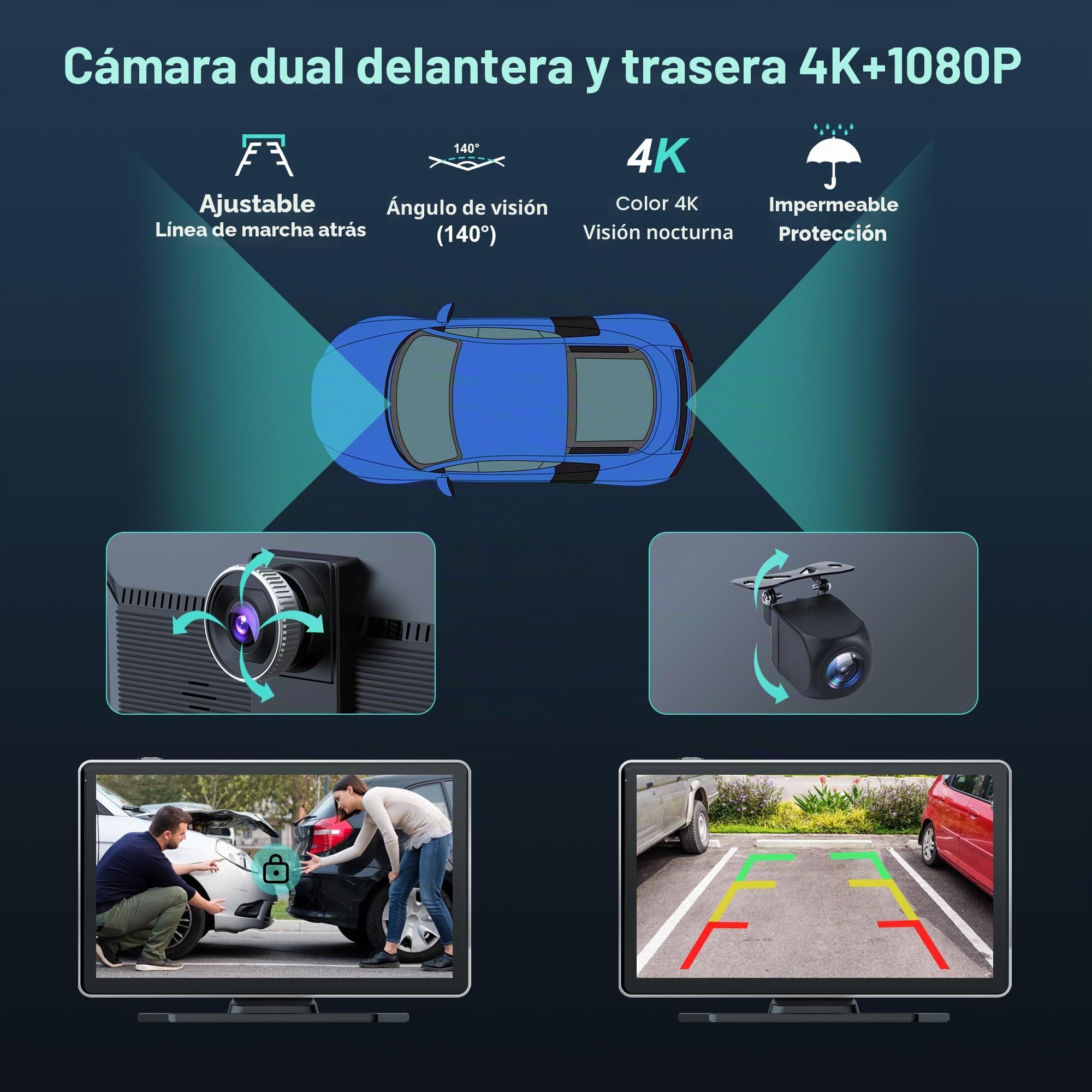 Estéreo inalámbrico para coche, audio portátil para coche de 9 pulgadas, pantalla de coche con cámara dual 4K frontal + trasera 1080P Dash Cam, CarPlay inalámbrico con Mirror Link/S-iri/AUX/128G SD