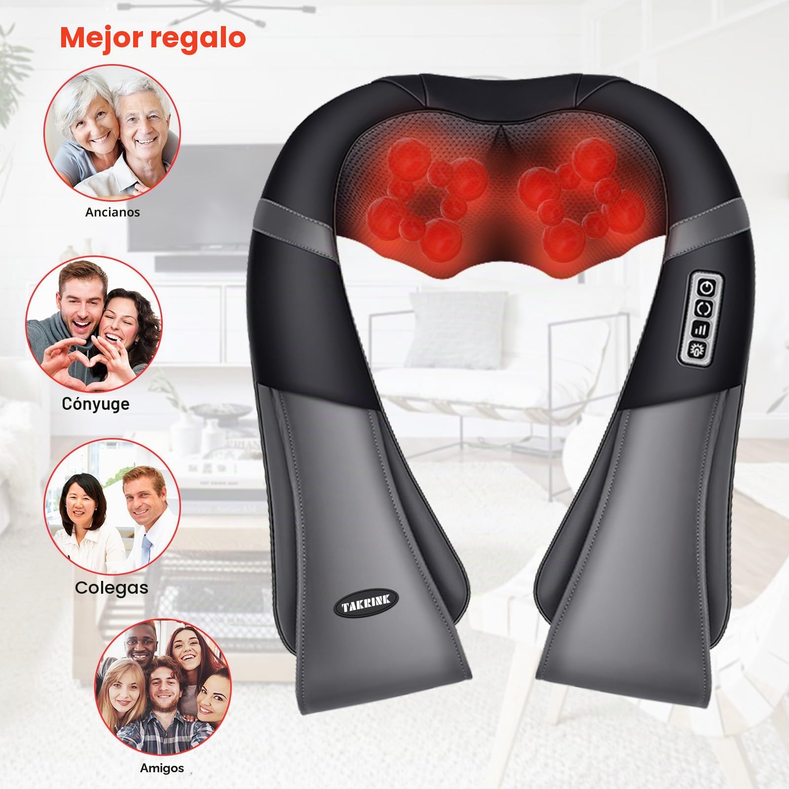 TAKRINK Masajeador Shiatsu 16 Cabezales de Masaje Integrados Masajeador de Hombros Cuello 3 Niveles de Velocidad Dirección Ajustable Relajación con Calor en Oficina Casa