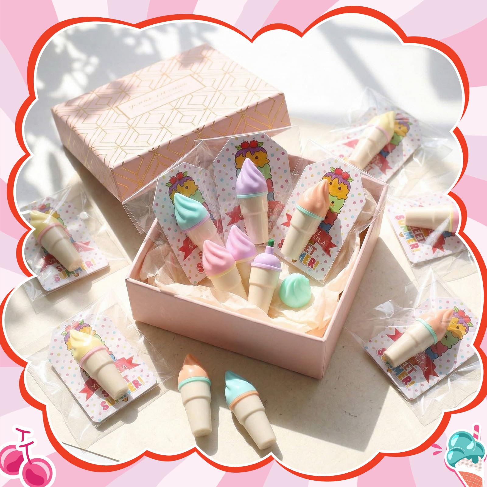 Gueevin 24 juegos de recompensas de regalos de fin de año, resaltadores de helado a granel con tarjetas y bolsas, juego de resaltadores en forma de helado, bonitos marcadores pastel estacionarios para