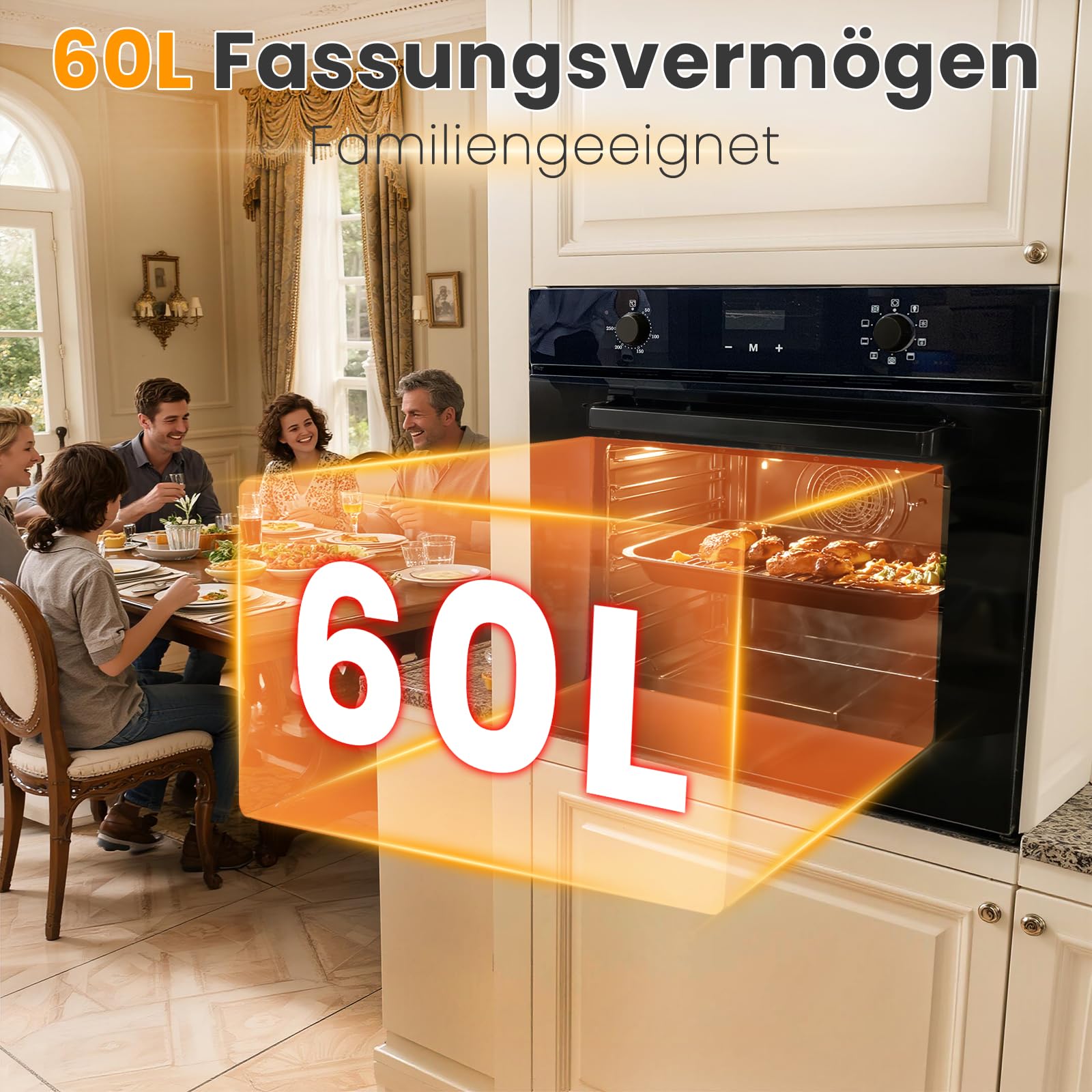 Hobsir Einbau-Backofenset mit Glaskeramikkochfeld: 60L Backofen mit 9 Heizmodi & Umluft + 60cm Kochfeld 6000W, 4 Zonen & Drehregler