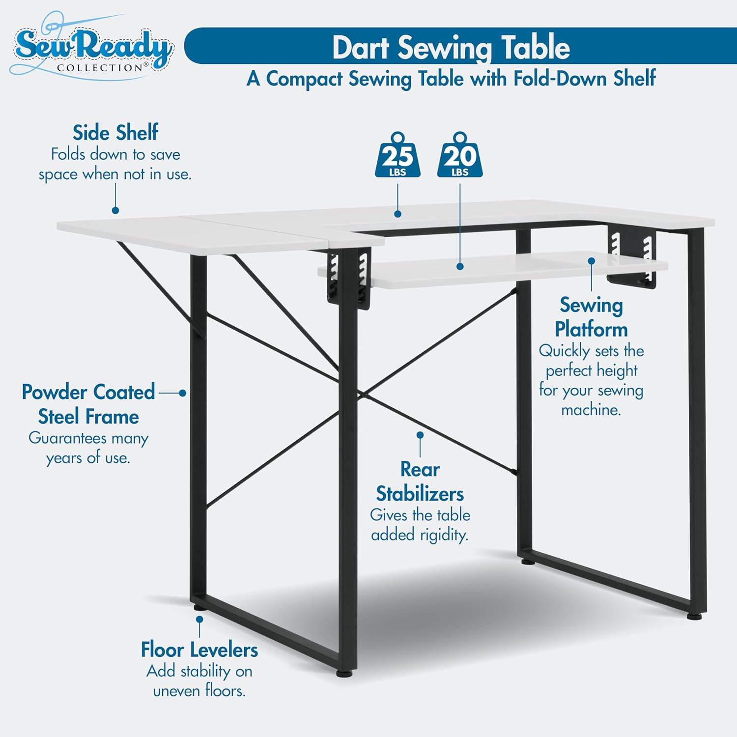 Sew Ready Dart Wood/Metal Multipurpose Machine Table Workstation Desk with Folding Top for Crafts, Sewing, Computers, Laptops, Games, Black Graphite/White 23D x 41W x 30H in