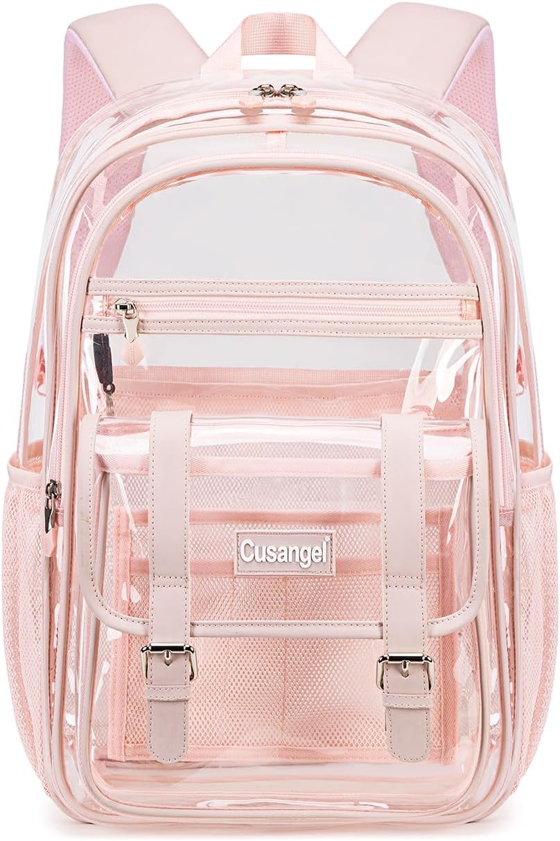 Cusangel TPU Pink Clear backpack for Girls women,18" See Through Heavy Duty Bookbag,warehouses, school and other security check locations (Pink)