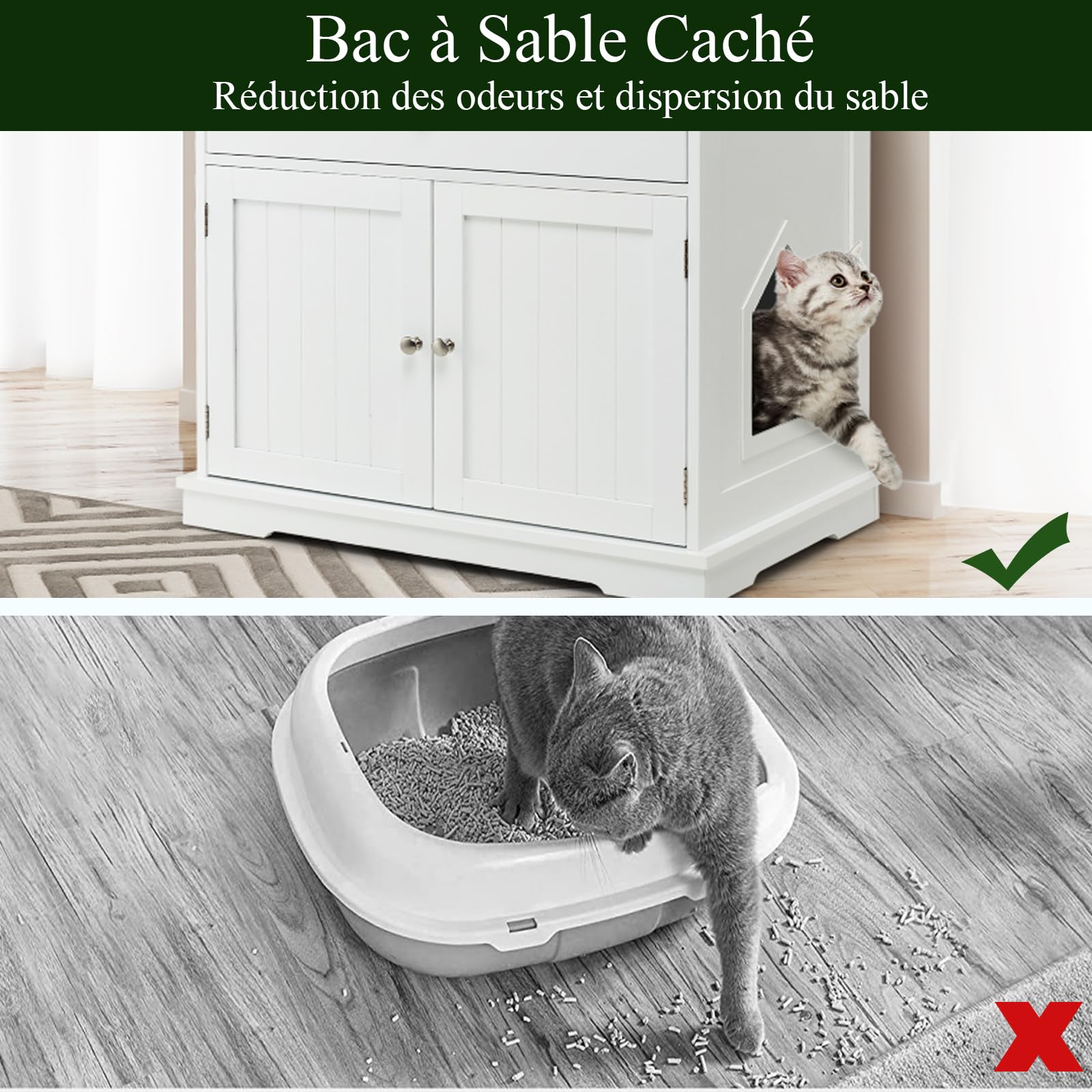 SOARS Mobile Lettiera per Gatti con 2 Ante e Cassetto, Armadio per Gatto in Legno con Ingresso Laterale, Grotta Rifugio Multiuso per Soggiorno, Camera da Letto e Ingresso, 76 x 53 x 74 cm (Bianco)