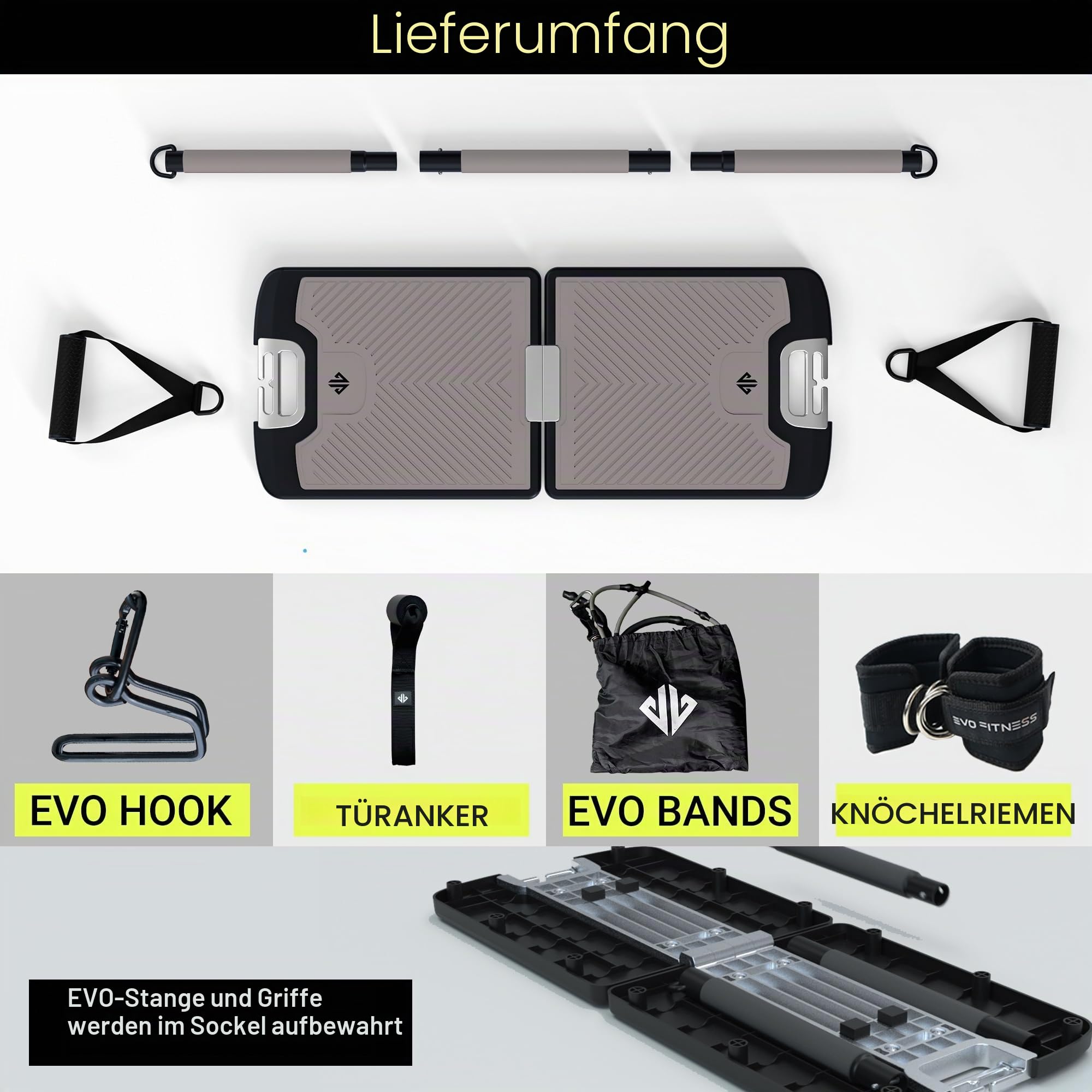 EVO Gym – Tragbares Krafttrainingsgerät für zu Hause, Fitnessstudio; All-in-One-Fitnessstudio; Widerstandsbänder, Basis hält Turnstange und Griffe für Reisen | Tragbares Fitness- und