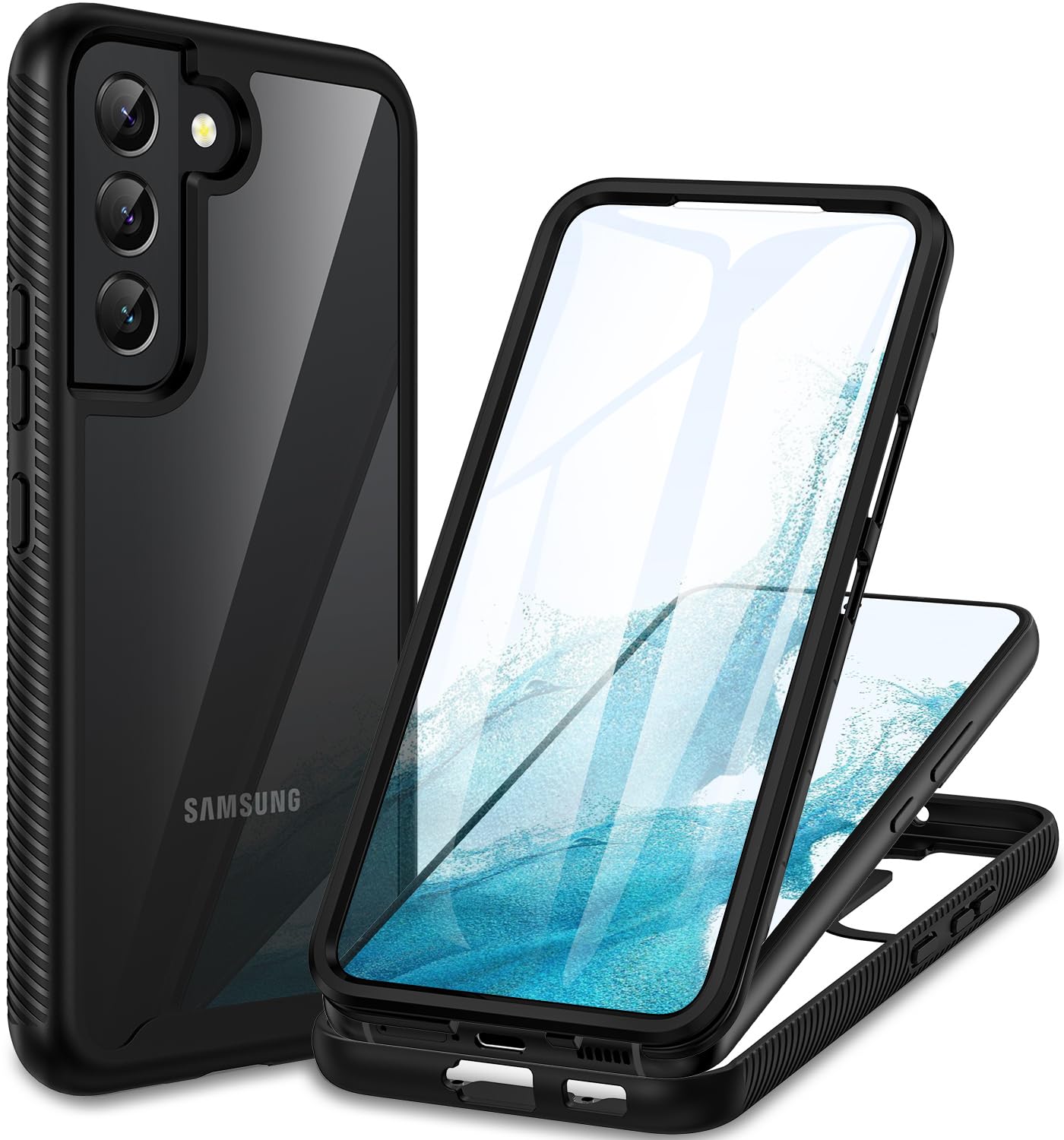 CENHUFO Cover Samsung S22 5G, Custodia Samsung S22 5G Antiurto 360 Gradi con Protezione Schermo Integrata Rugged Trasparente Case Doppia Faccia Fronte Retro Cover per Samsung Galaxy S22 5G - Nero