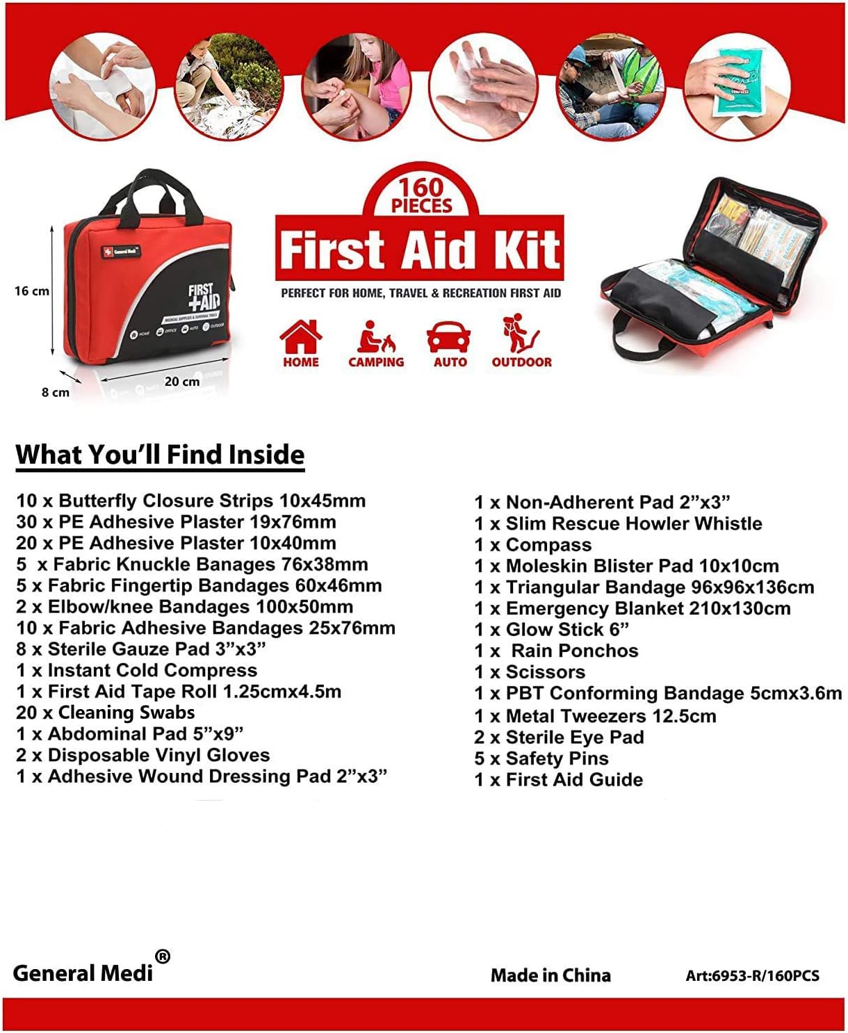 First Aid Kit -160 Pieces Compact and Lightweight - Including Cold (Ice) Pack, Emergency Blanket, Moleskin Pad,Perfect for Travel, Home, Office, Car, Camping, Workplace (Red) : Sports & Outdoors