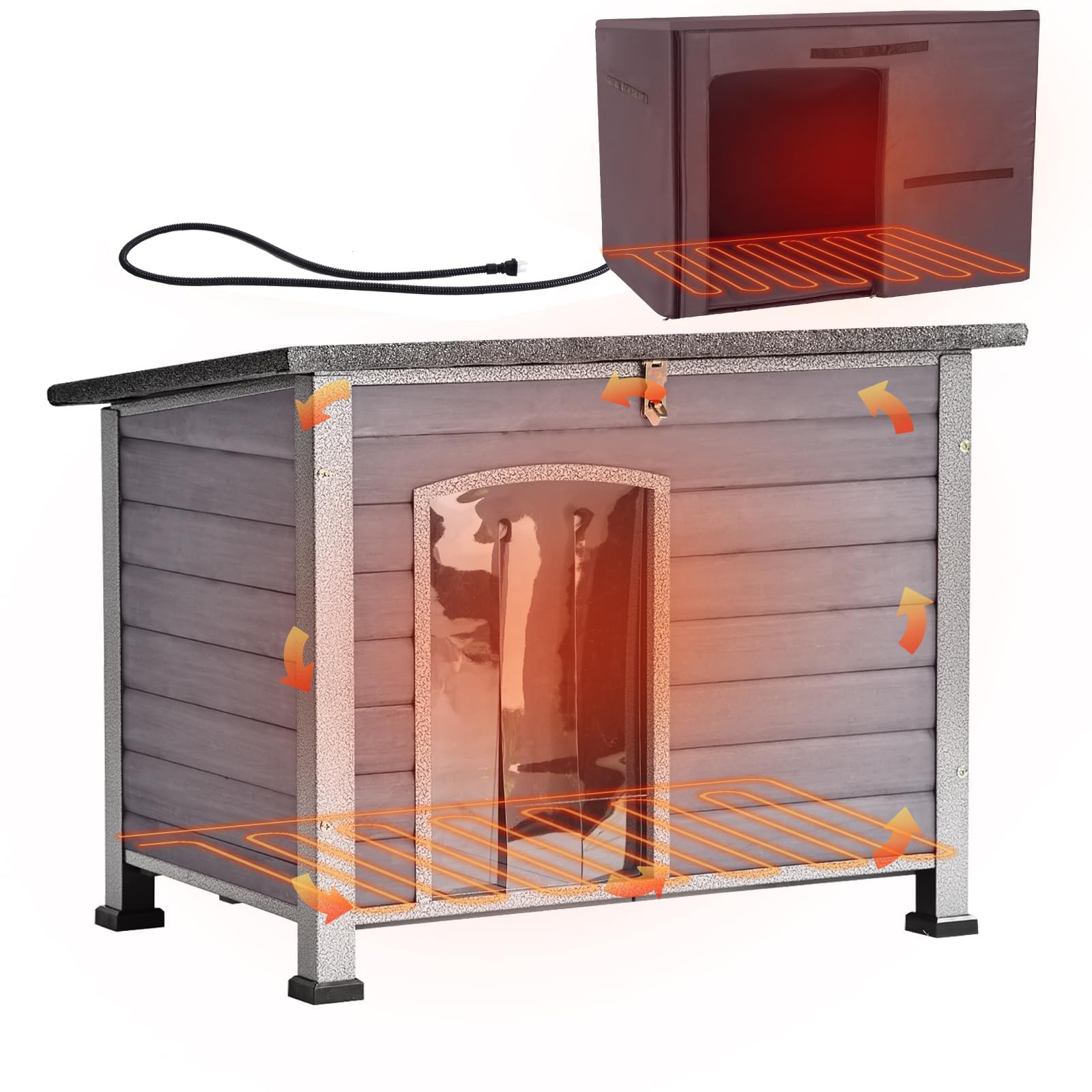 Aivituvin Heated Dog House Outdoor Dog Kennel with Insulated Liner All-Around Iron Frame Large Dog Cage for Small &amp; Medium Dogs,33.5"