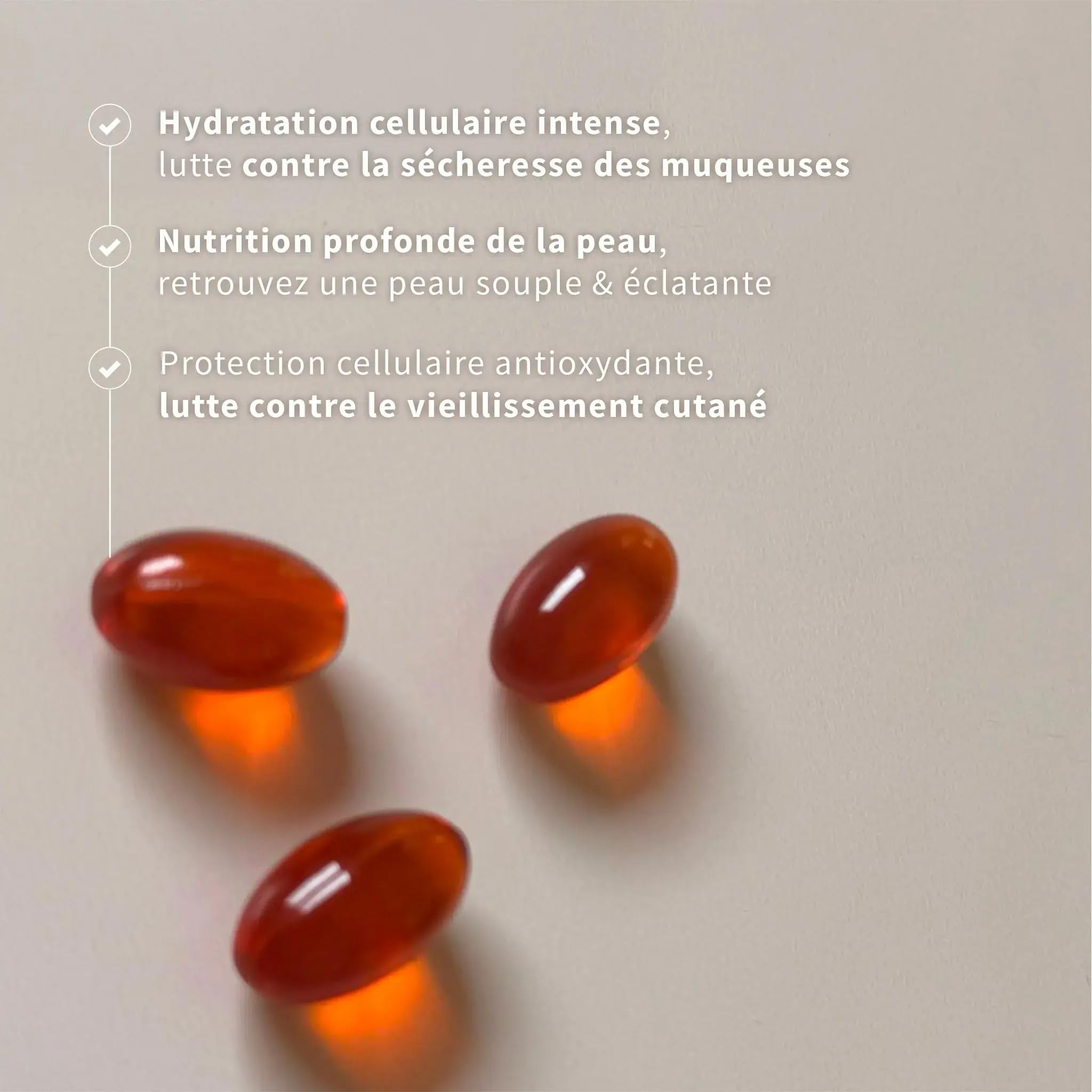 NUTRIGÉE – Hydra-FORT - Hydratation Peau & Muqueuses - Sécheresse Vaginale, Oculaire & Peau Déshydratée – Concentration Oméga 7-60 Capsules – 30 jours