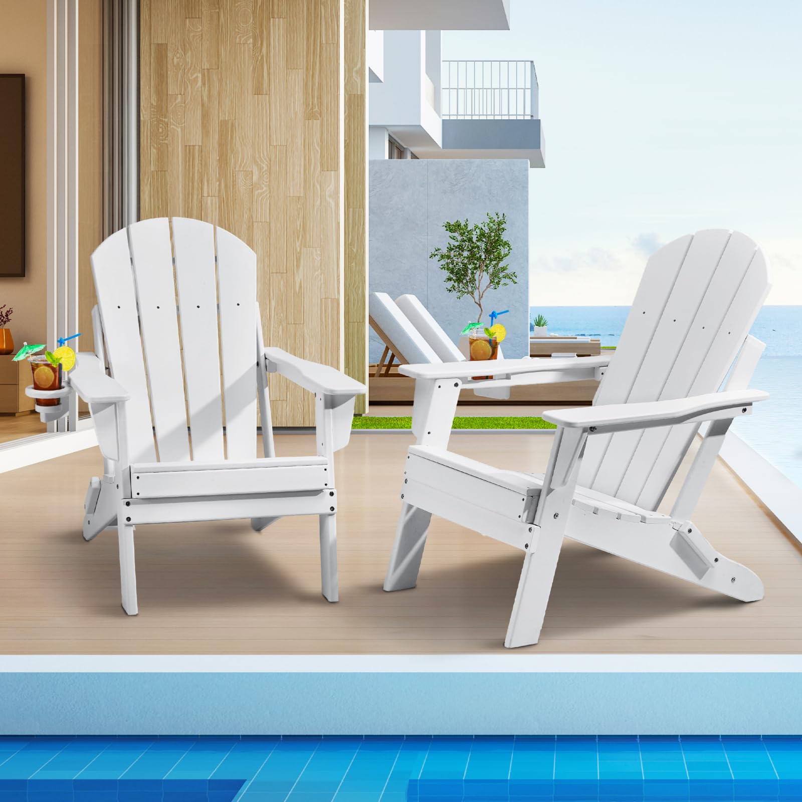 VEVOR 2 Juegos de Sillas Adirondack de Plástico Plegables y Portátiles de 800 x 755 x 915 mm para Exteriores, con Portavasos, Reposabrazos Relajante y Ergonómico para Jardín, Patio Trasero, Blanco