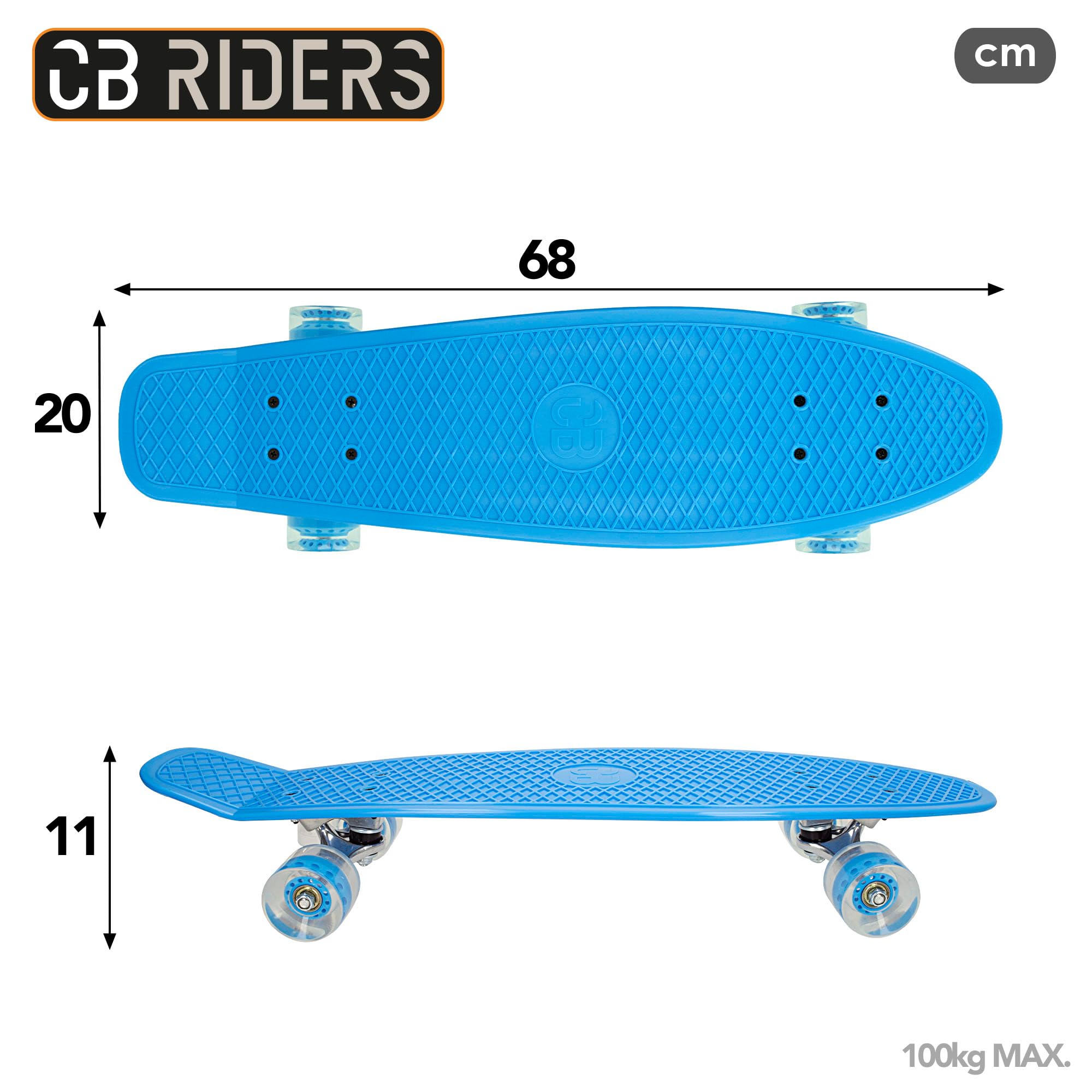 COLORBABY CB Riders, Skateboard Enfant Bleu, 71 x 20 cm, Axe Aluminium, Roues PU, Poids Max 100 kg, Cadeau 6 Ans