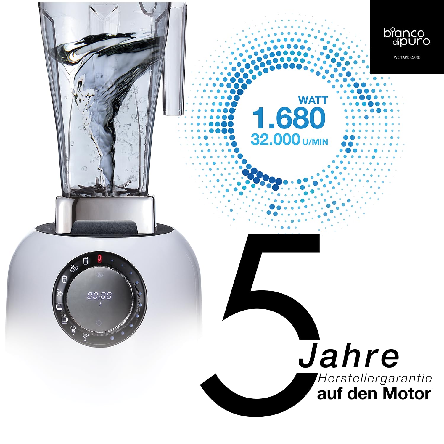 bianco di puro® Hochleistungsmixer Puro S Smoothie Maker 8 Mixprogramme 2 Liter Mixbehälter BPA-frei - Weiss
