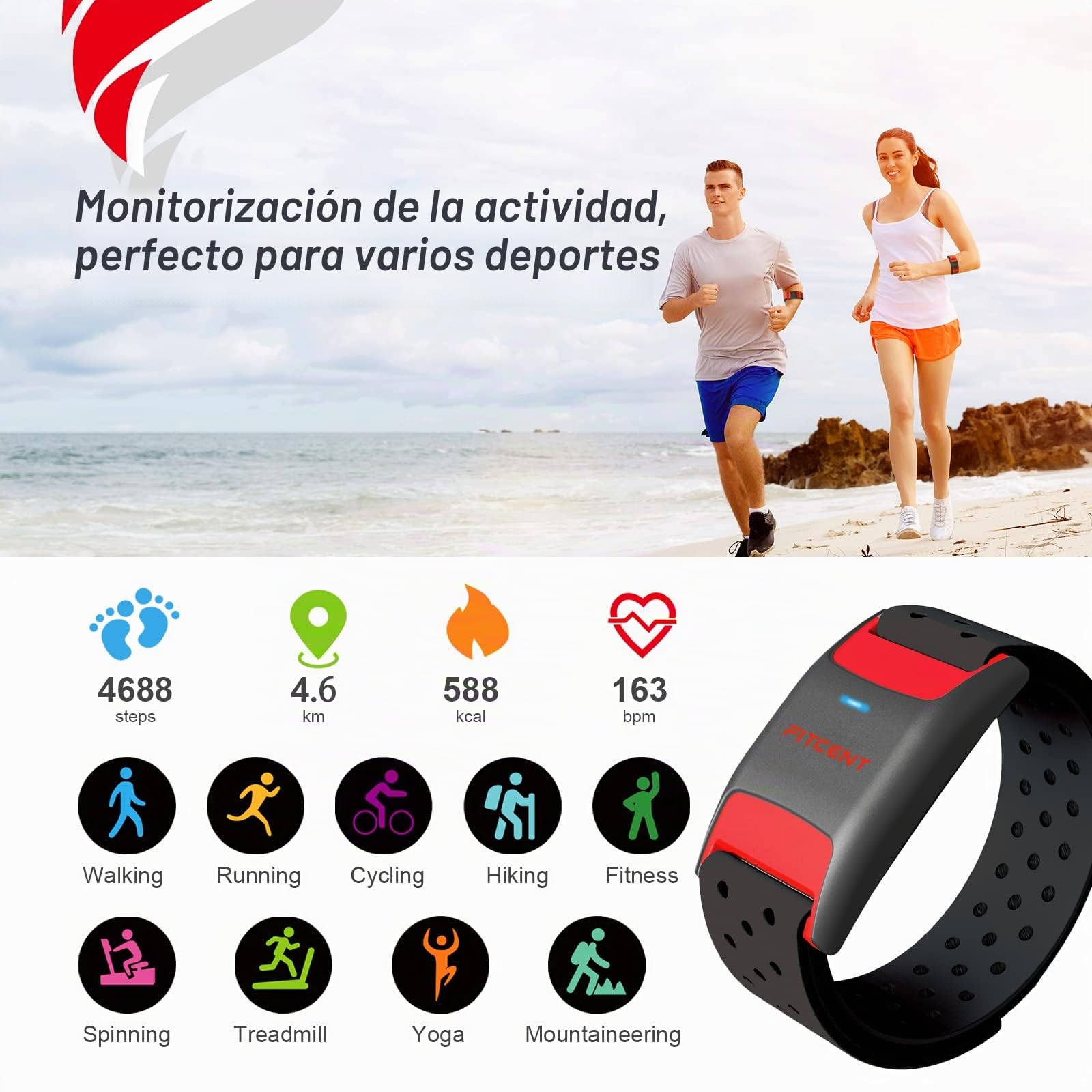 FITCENT Pulsera de monitor de frecuencia cardíaca, Bluetooth ANT+ con sensor óptico de frecuencia cardíaca, pulsera recargable para reloj Peloton Strava Zwift Polar Beat DDP Yoga Wahoo Fitness Garmin