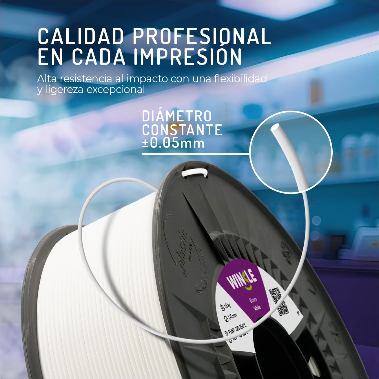 WINKLE Filamento Polipropileno 1.75mm Blanco 1.5kg, Filamento Impresora 3D | Filamento PP, Resistencia a Humedad y Químicos, Fabricado en España, Precisión Dimensional +/- 0.05mm, Bobina 1.5kg