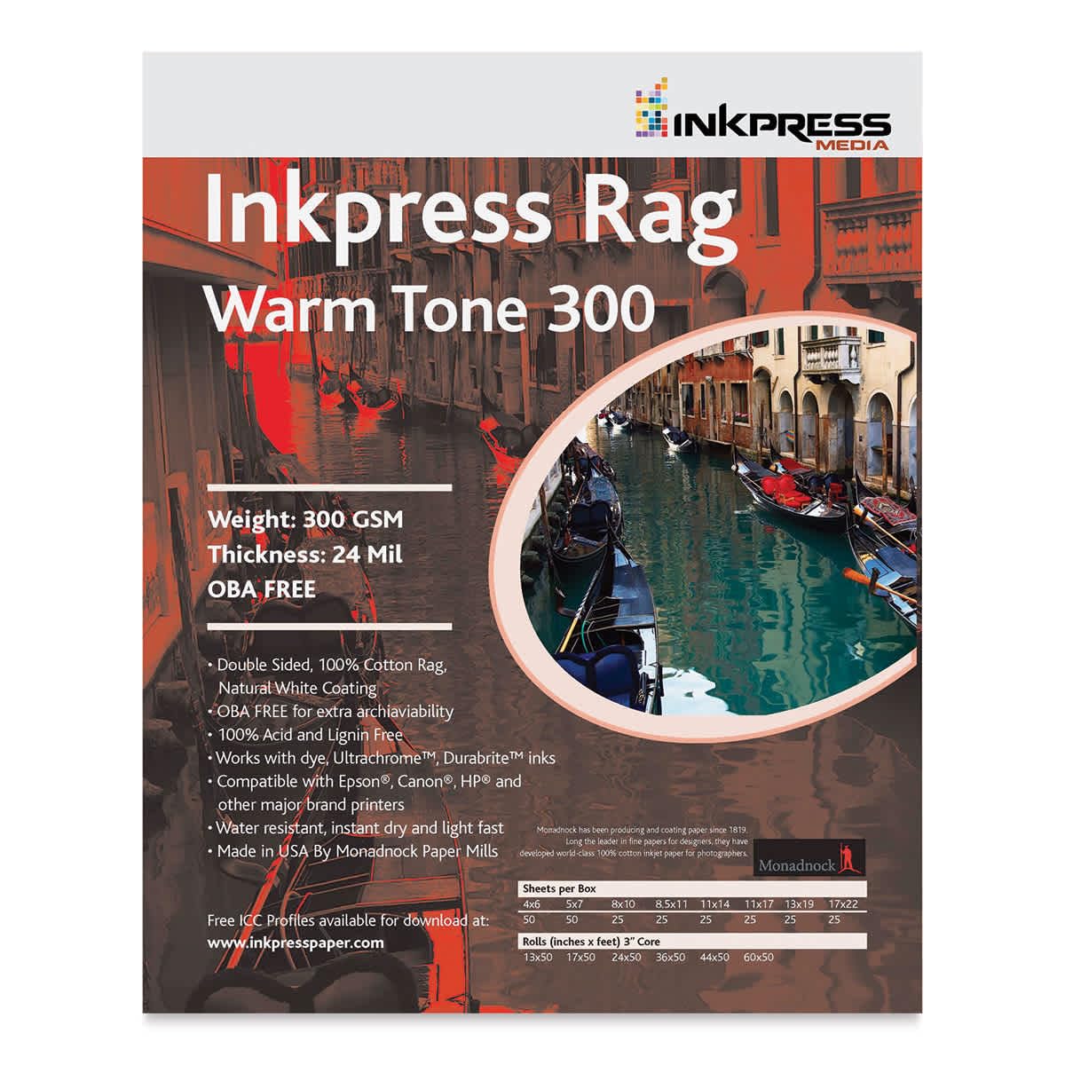 Inkpress Rag Warm Tone 300 Double Sided, Cream White Matte Inkjet Paper, 24 mil, 300 gsm, 13x19", 25 Sheets