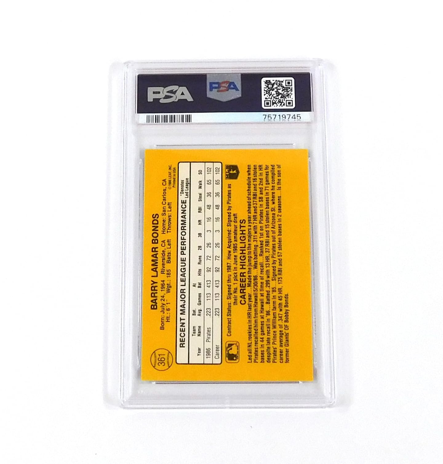 Amazon.com: 1987 Donruss Barry Bonds #361 RC PSA 9 Mint Baseball