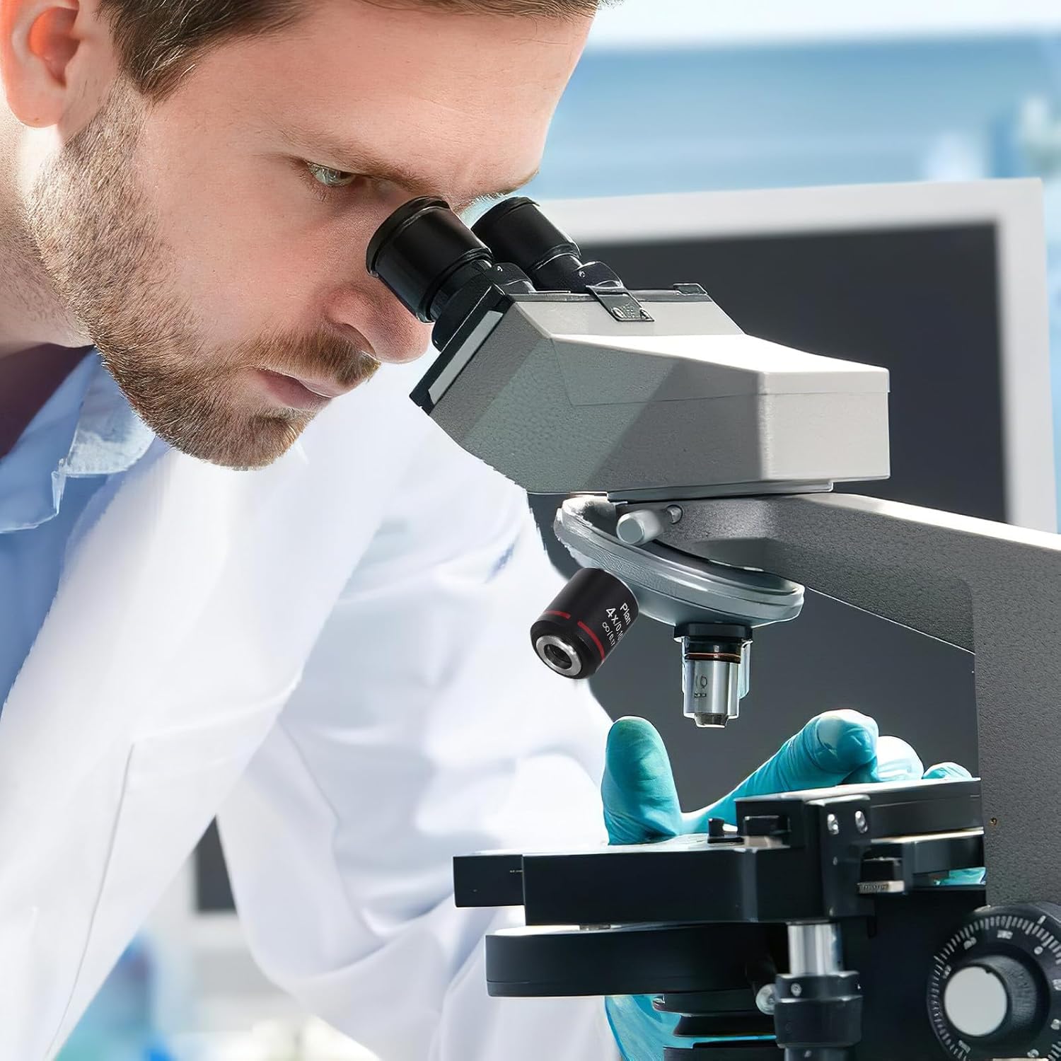 Plan 4X Microscope Objective, 0.10 NA, 0.17mm Cover Glass Compatible, for Biological Research, Histology, Pathology, Cell Studies