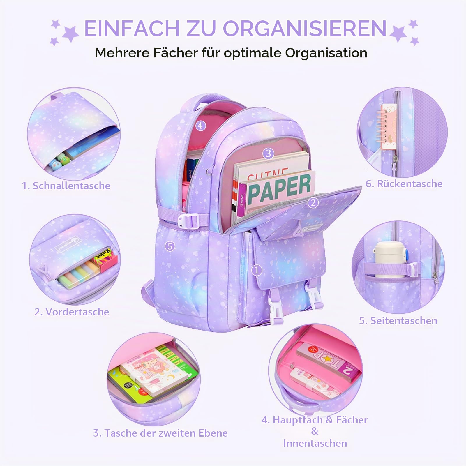 Amythe Schulrucksack Mädchen Teenager 3 Teilig für Schule Reisen