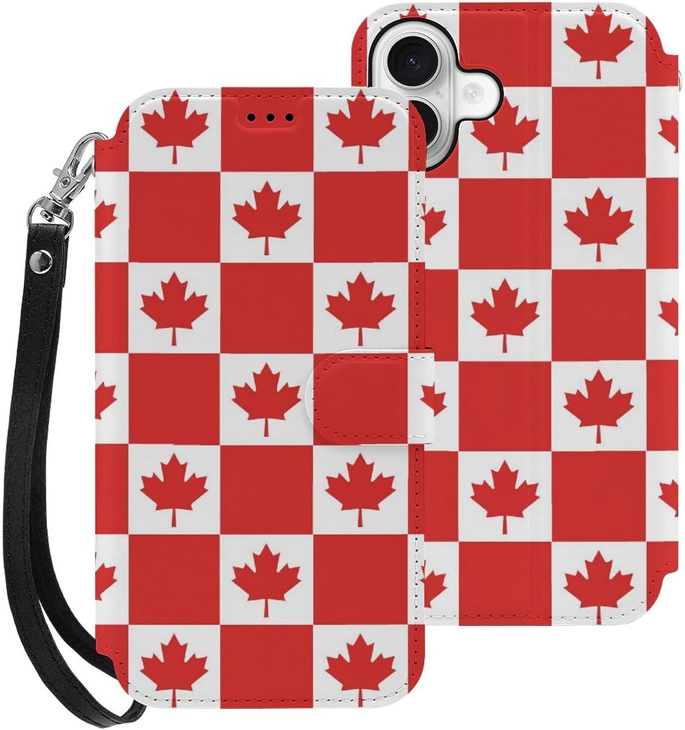 Canadian Flag Canada Leaf Compatible with iPhone 16/16 Plus/16 Pro/16 Pro Max/16 E Case Phone Wallet Card Holder Flip Cover with Wrist Strap