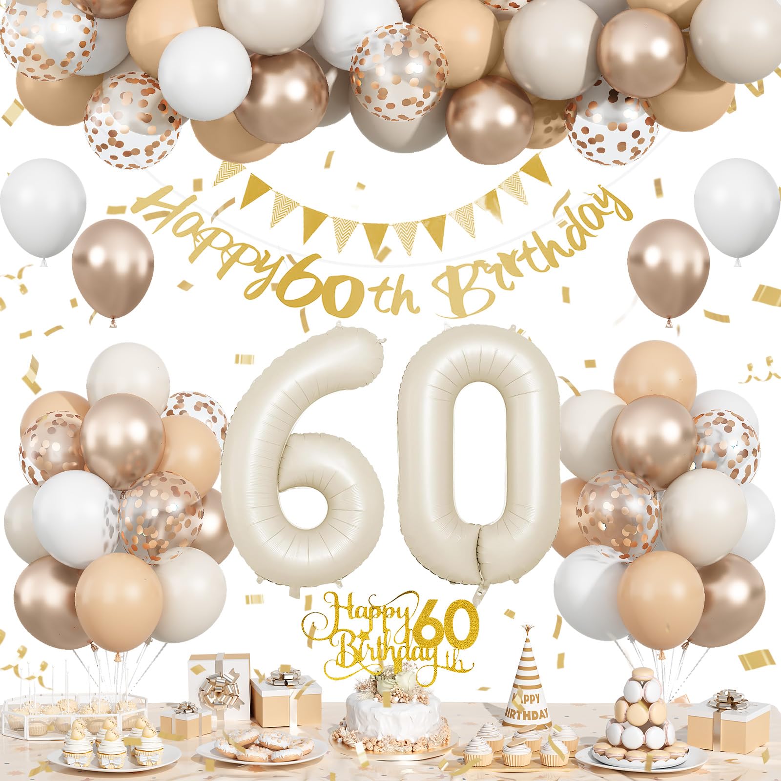 60th Birthday Party Decorations for Women Men, Sand White Gold 60 Year Old Balloon Set, Beige Gold Number 60 Party Decorations, Happy Birthday Banner